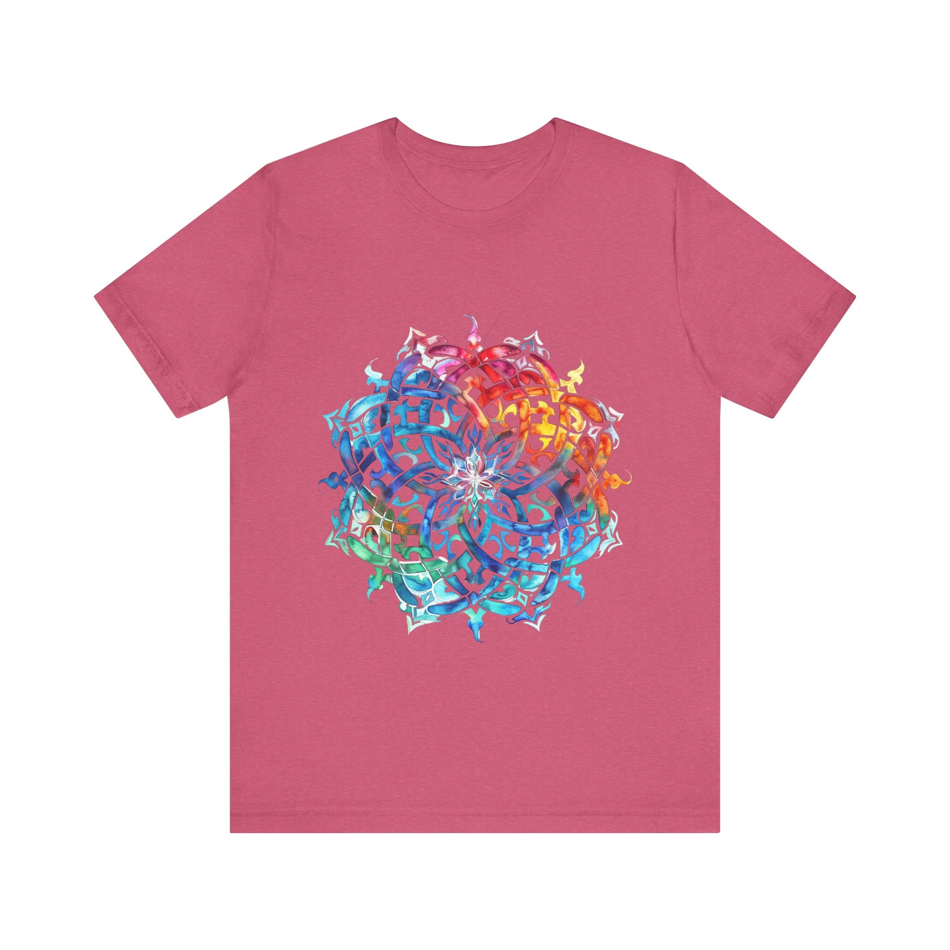 Artistic tee with a radiant rainbow mandala design, available in vibrant color options