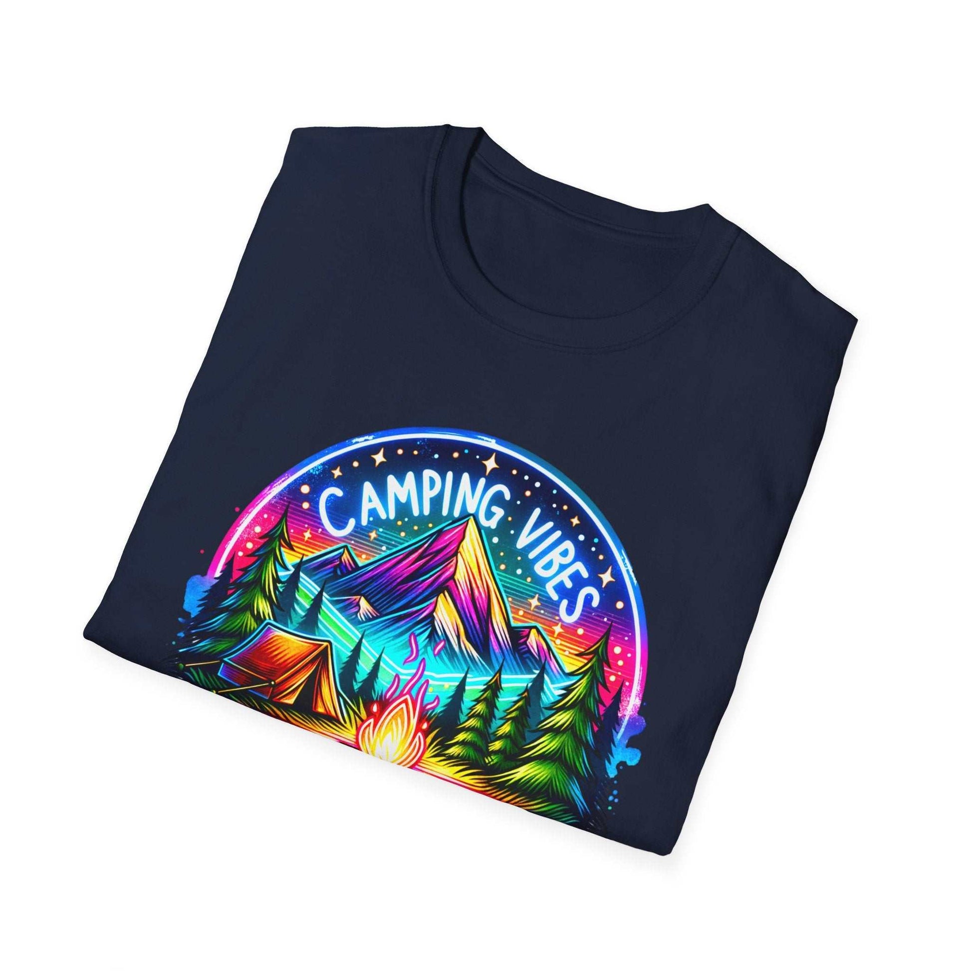 Camping Vibes Unisex Softstyle T-shirt with colorful mountain, tent, and campfire design on navy blue background