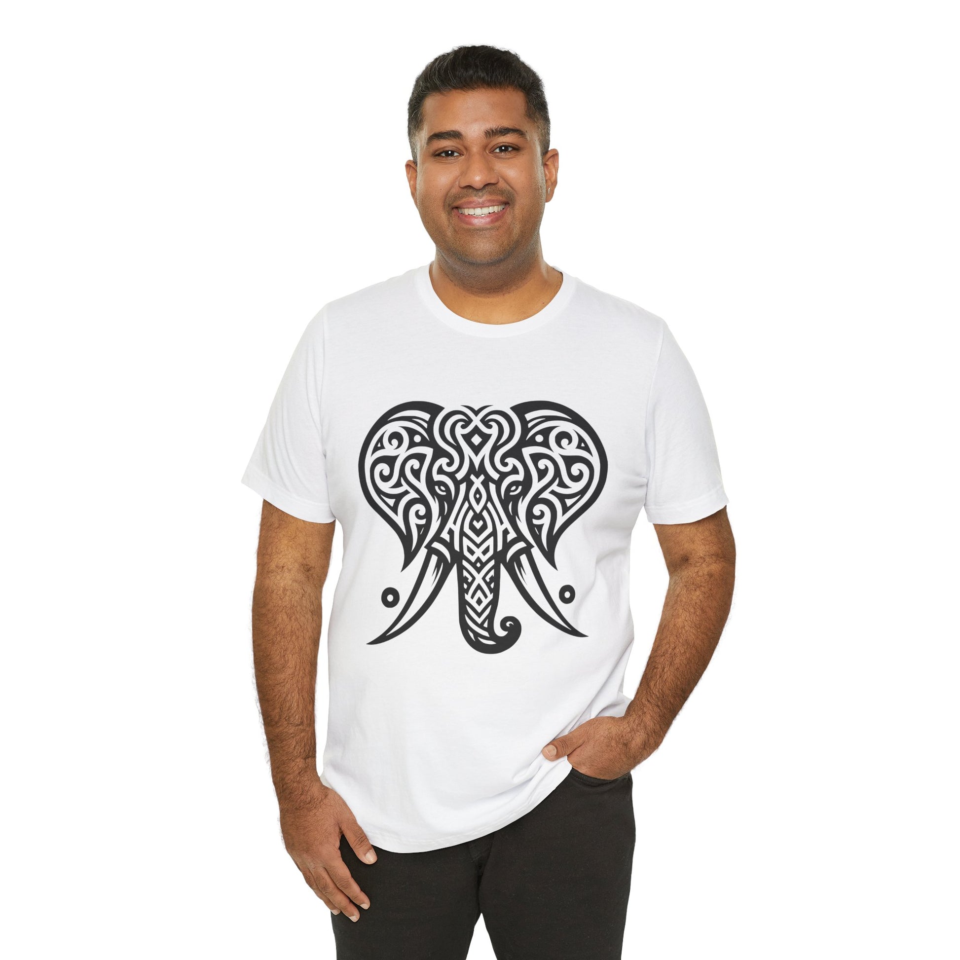 Tribal Elephant T-Shirt – Bold Black Tattoo Art on White Tee