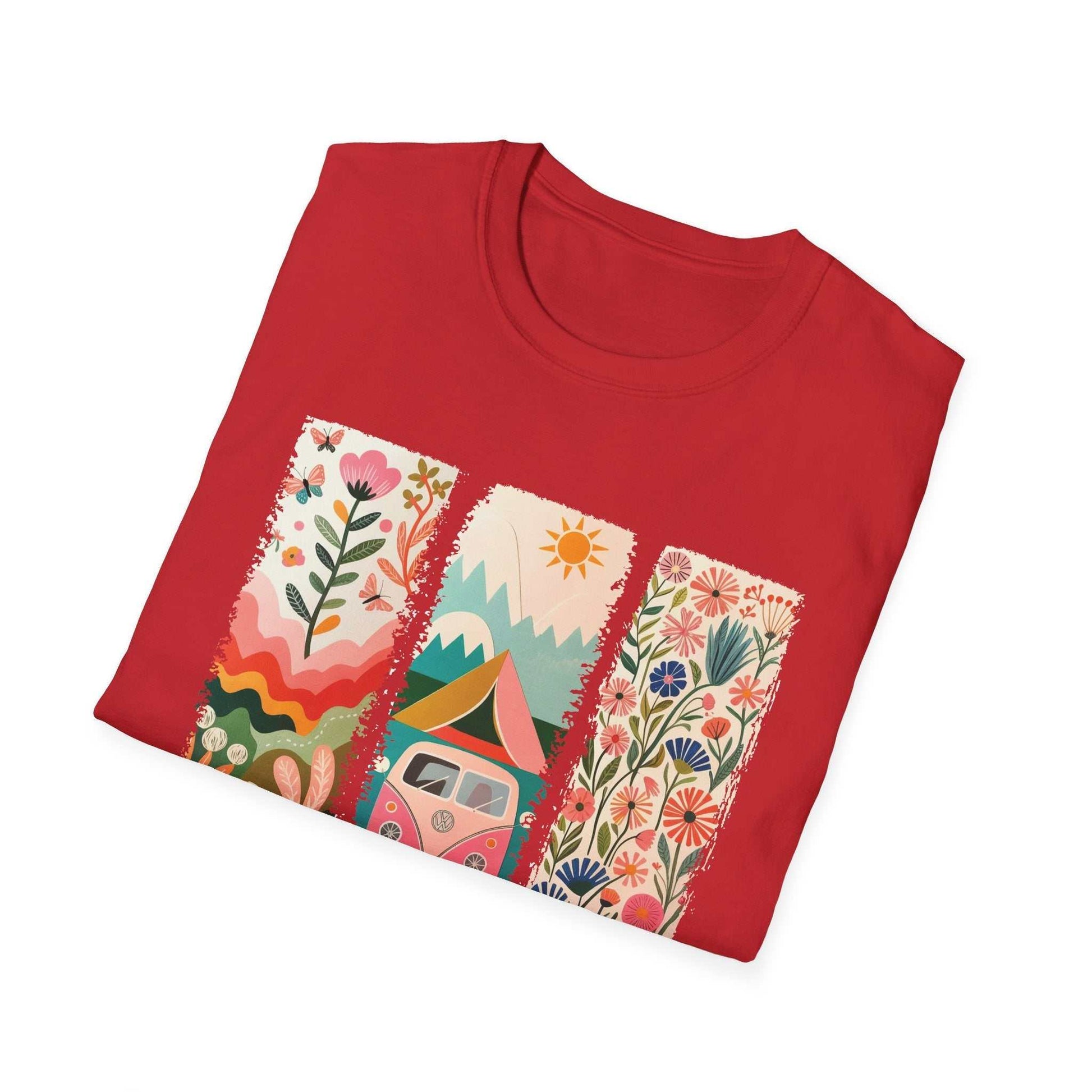 Red unisex softstyle t-shirt with vibrant camping adventure design featuring flowers, mountains, tent, and camper van.