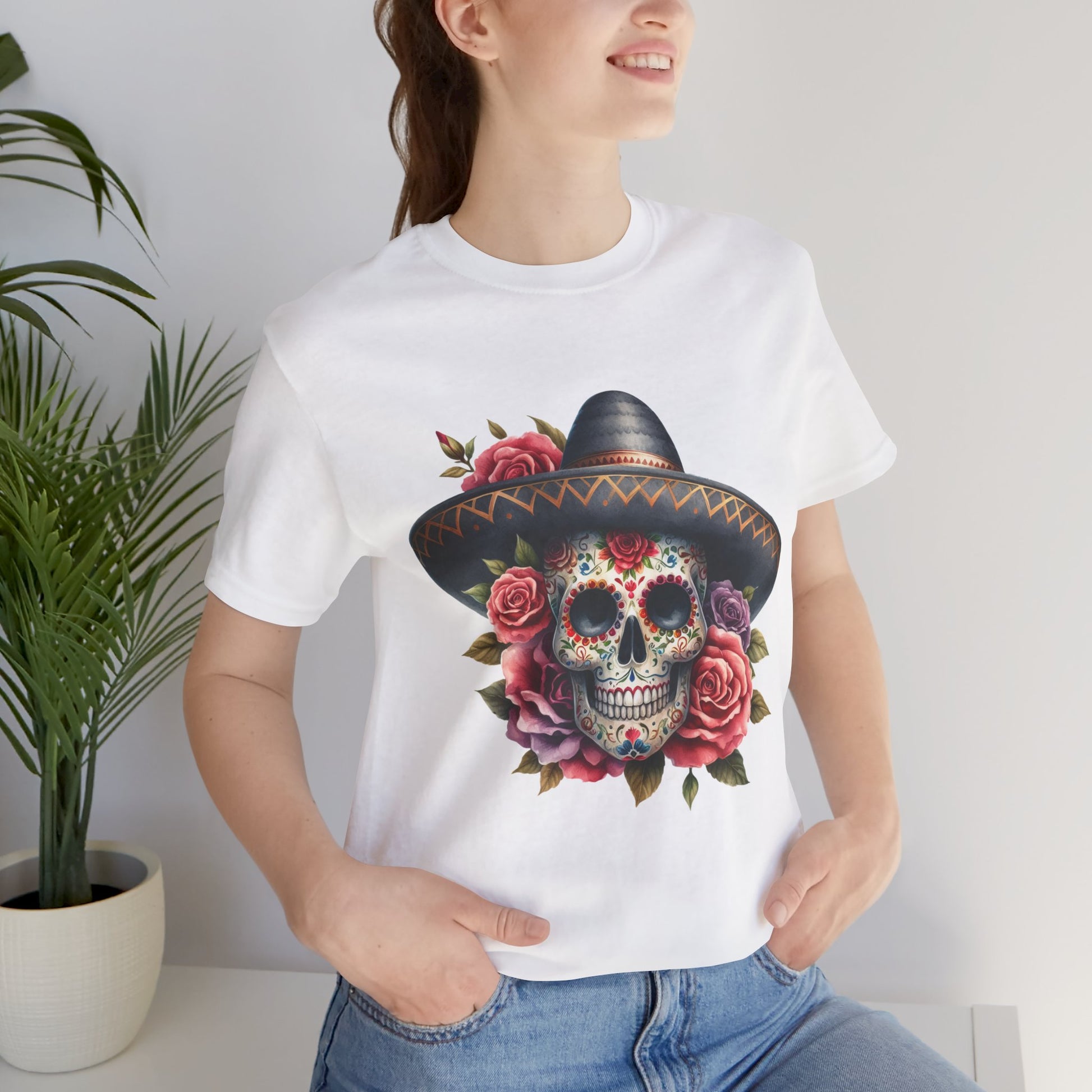 Colorful tee featuring a sugar skull in sombrero and roses for vibrant fiesta vibes