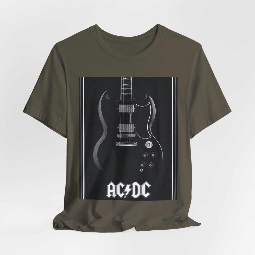 Unisex Rock Guitar Graphic Tee with AC/DC design, made of 100% lightweight cotton, breathable and comfortable for casual wear.