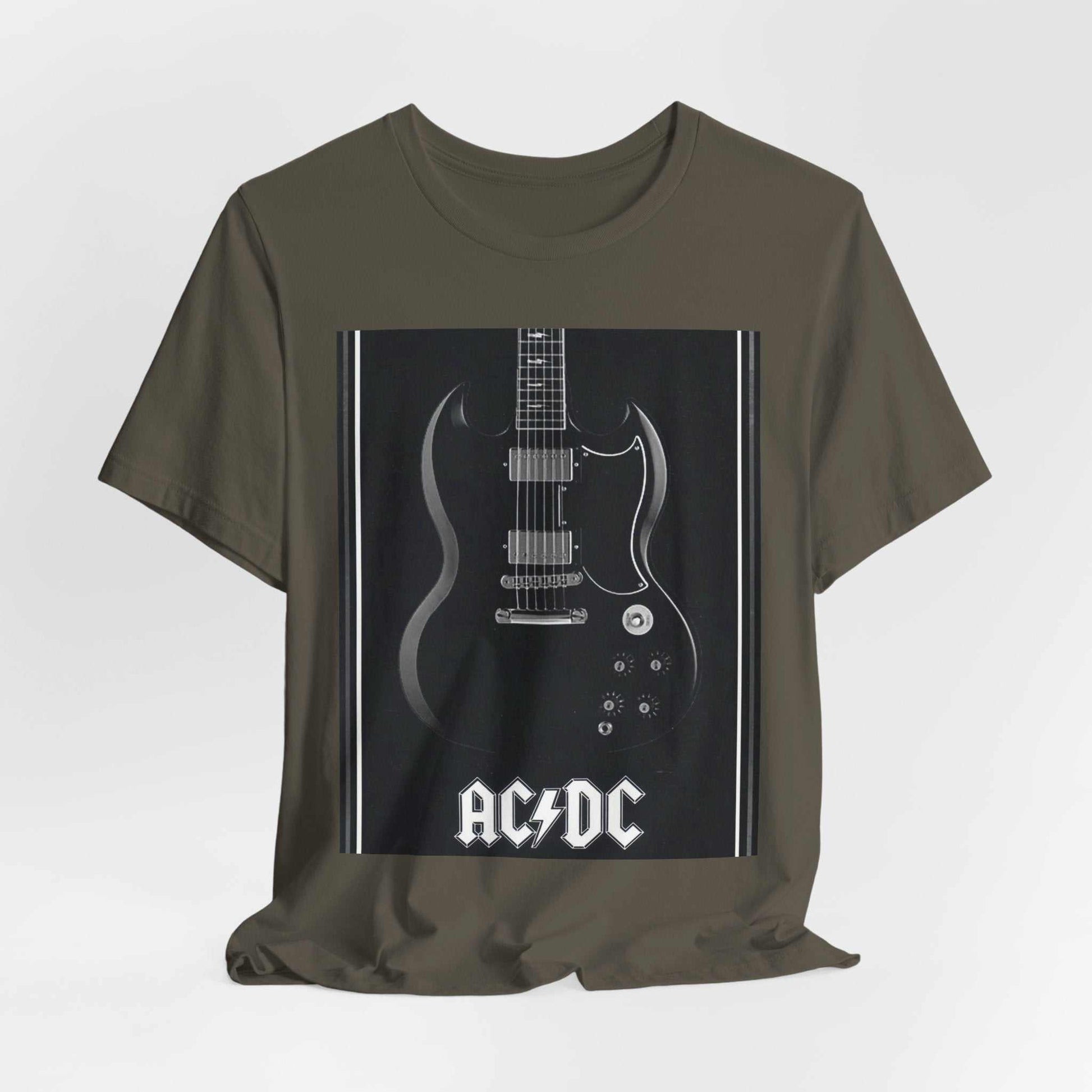 Unisex Rock Guitar Graphic Tee with AC/DC design, made of 100% lightweight cotton, breathable and comfortable for casual wear.