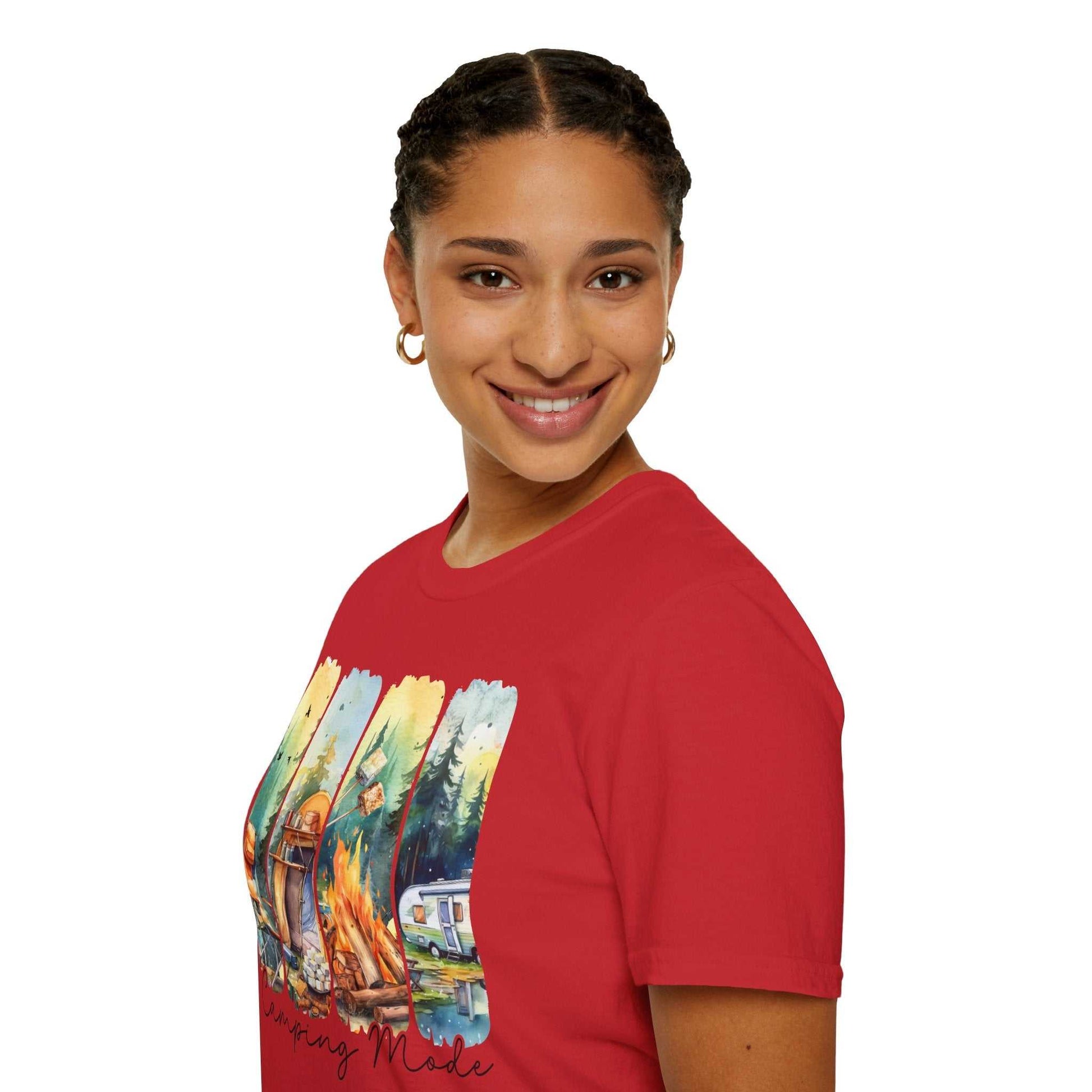 Woman wearing red Camping Adventure Unisex T-Shirt with camping-themed graphic design on the front