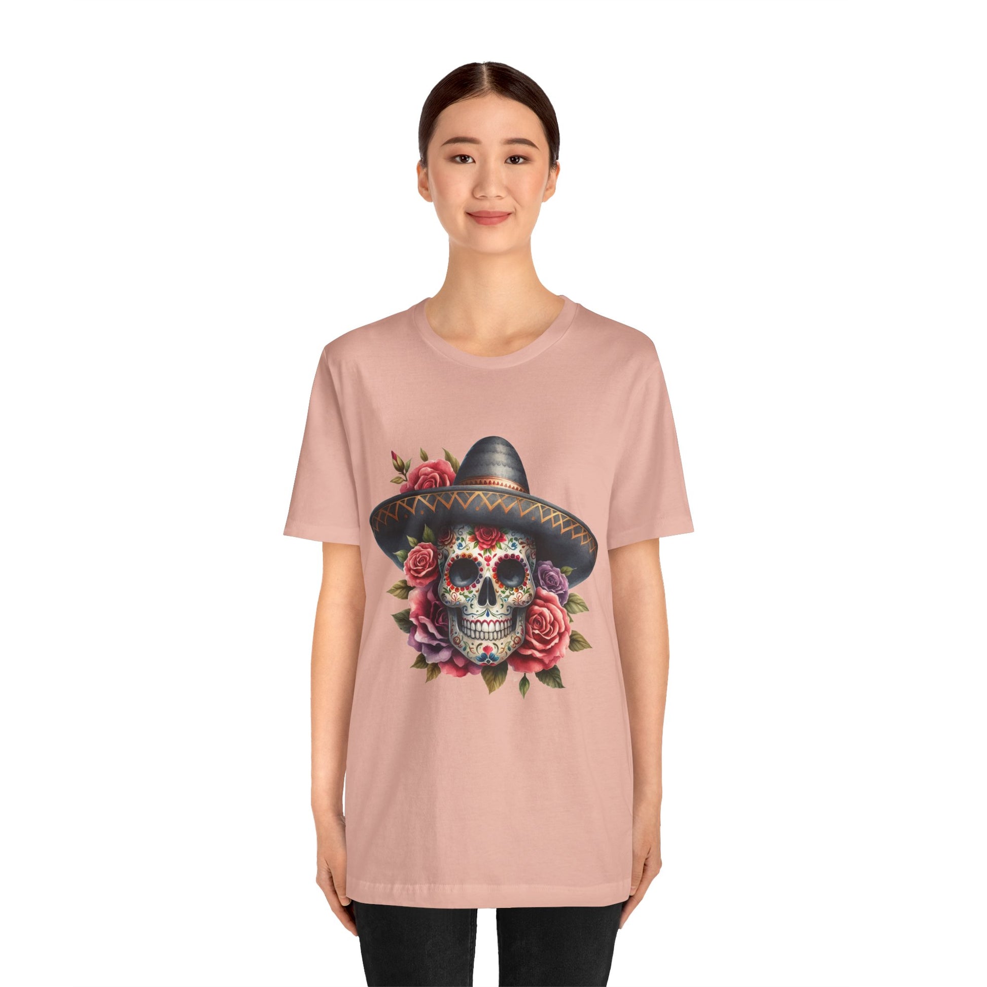 Colorful tee featuring a sugar skull in sombrero and roses for vibrant fiesta vibes