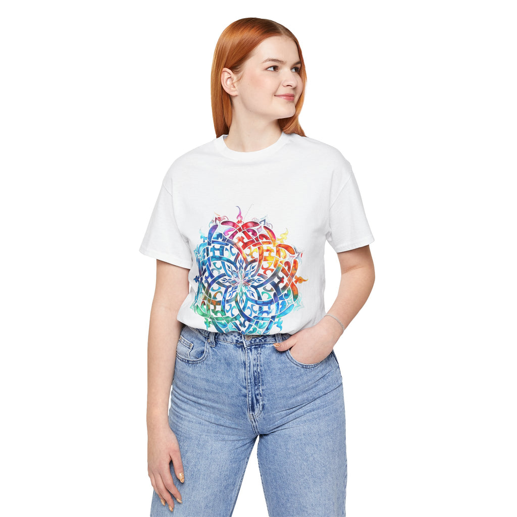 Artistic tee with a radiant rainbow mandala design, available in vibrant color options
