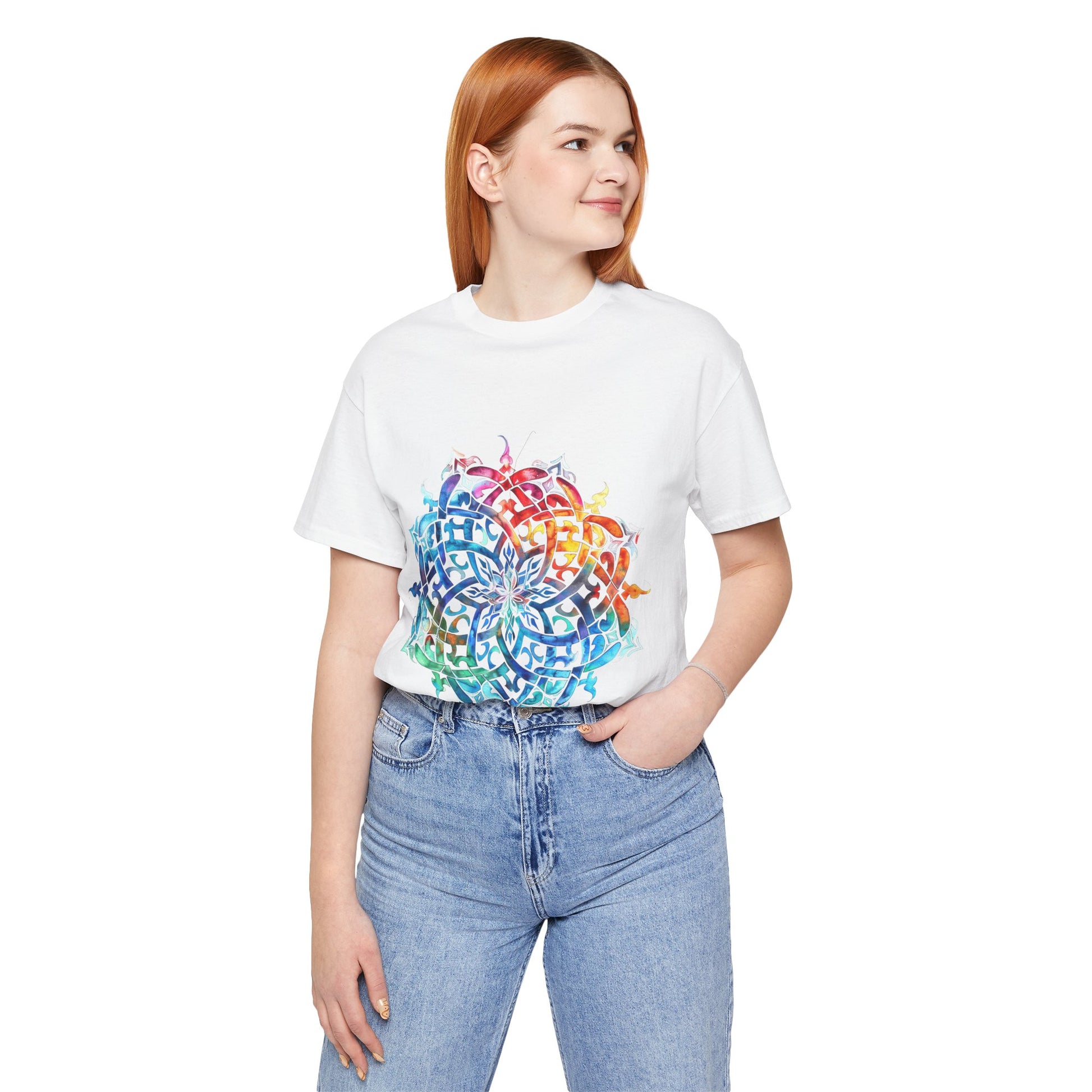 Artistic tee with a radiant rainbow mandala design, available in vibrant color options