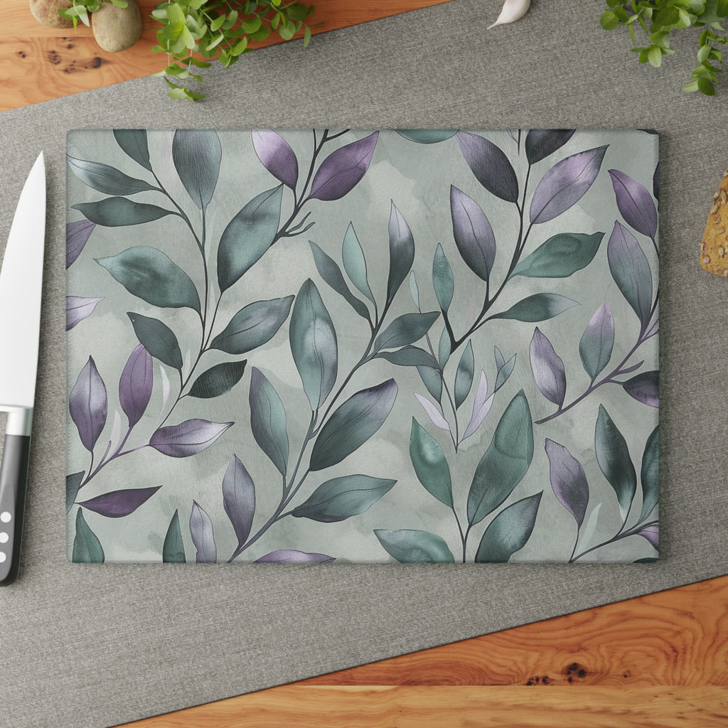 Sage Green Botanical Glass Cutting Board with Purple Leaf Pattern