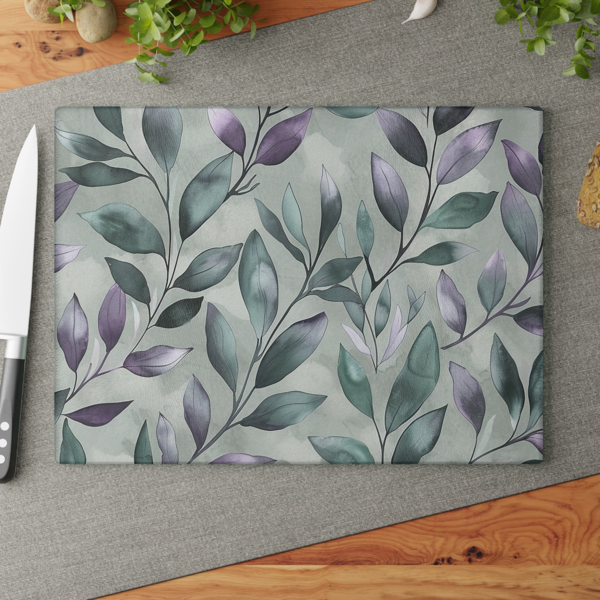 Sage Green Botanical Glass Cutting Board with Purple Leaf Pattern