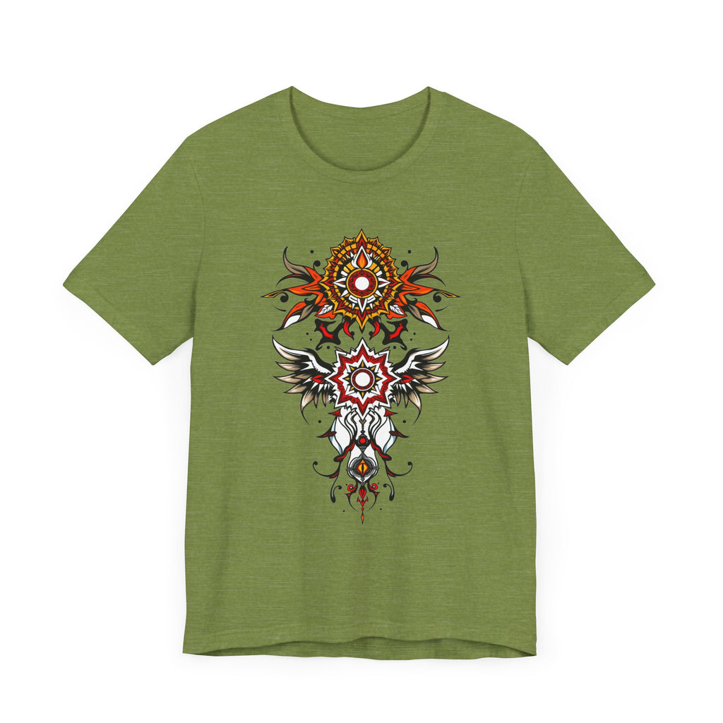 Turn heads in this tee, available in vibrant colors, showcasing a fiery red and gold tribal mandala for bold, artistic style
