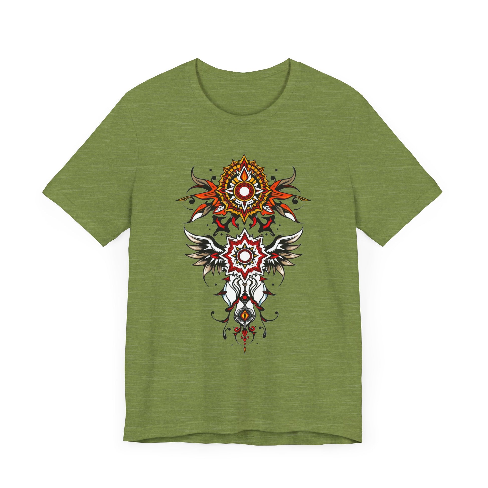 Turn heads in this tee, available in vibrant colors, showcasing a fiery red and gold tribal mandala for bold, artistic style