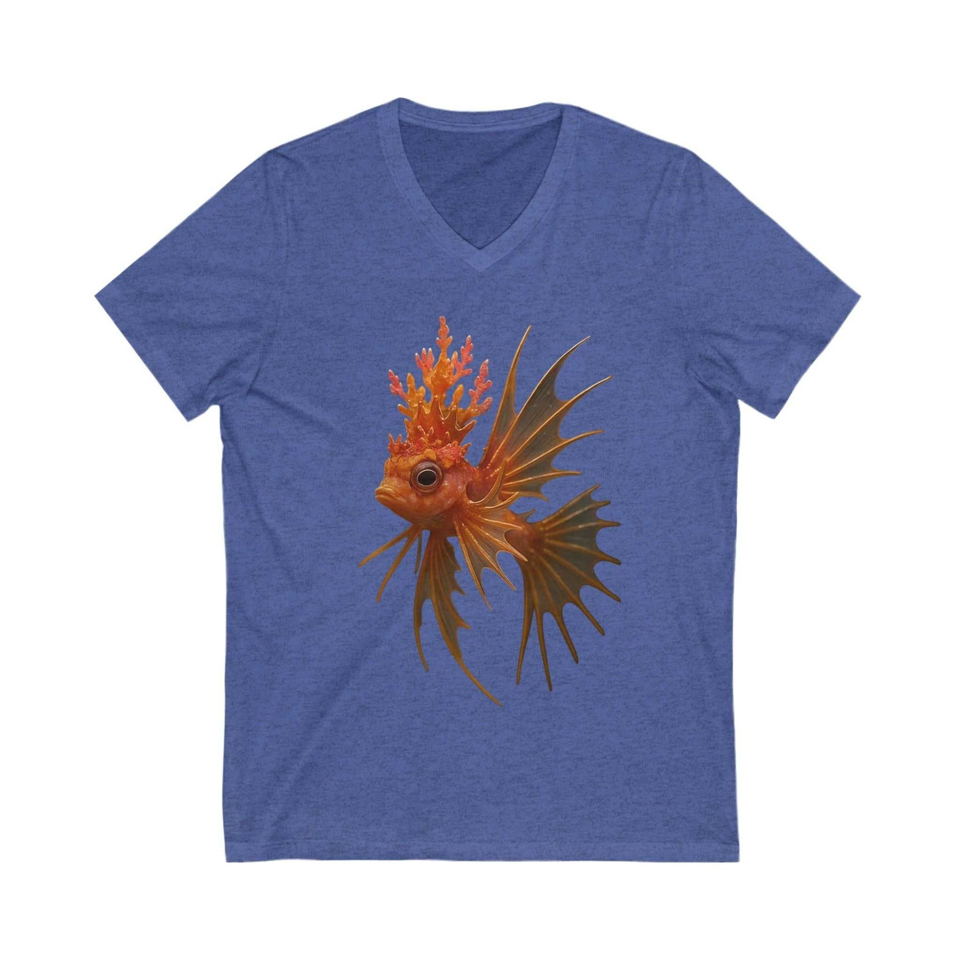 Blue V-neck tee with colorful Coral Crown Fish graphic design on front