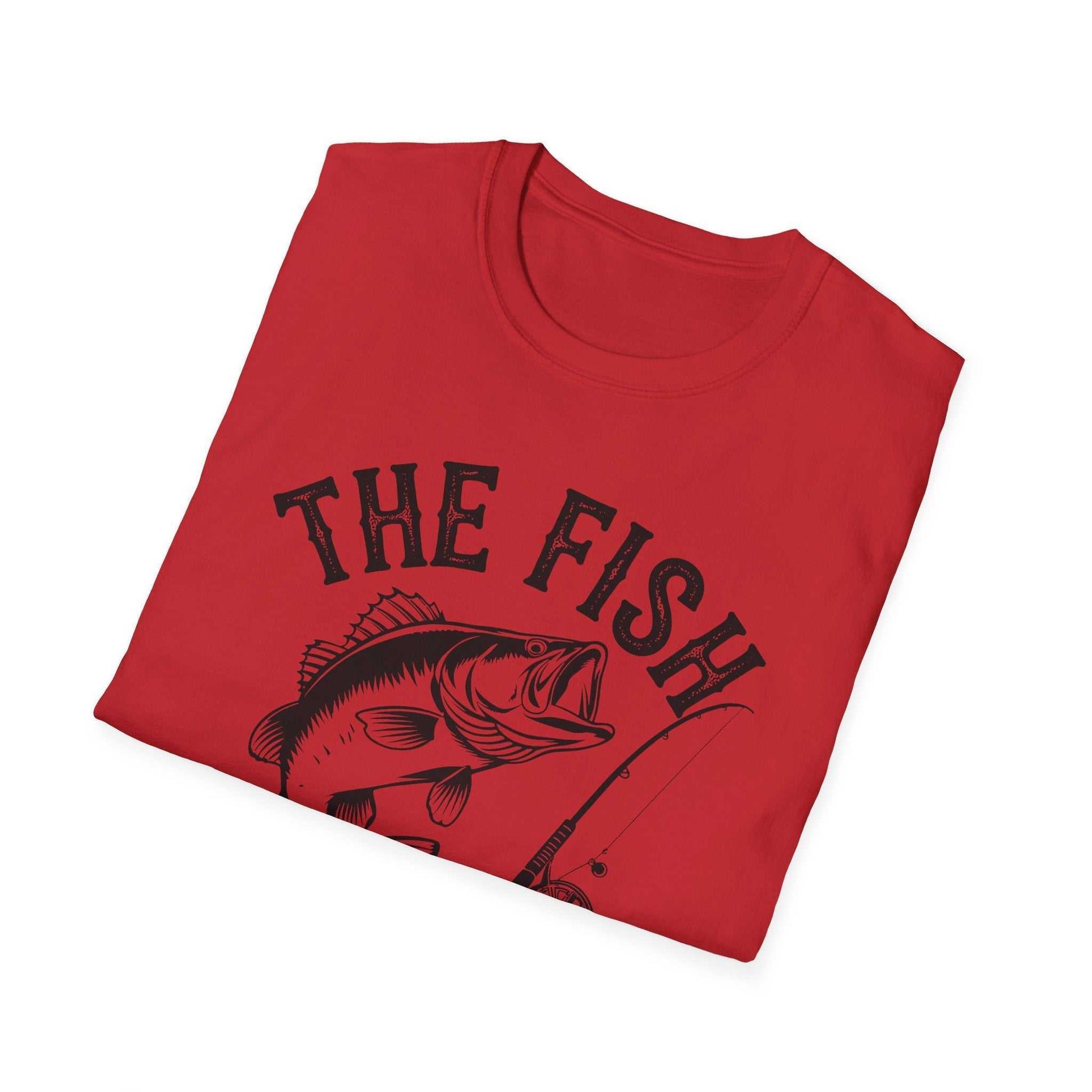 Red unisex softstyle t-shirt with black "The Fish Whisperer" fishing graphic design
