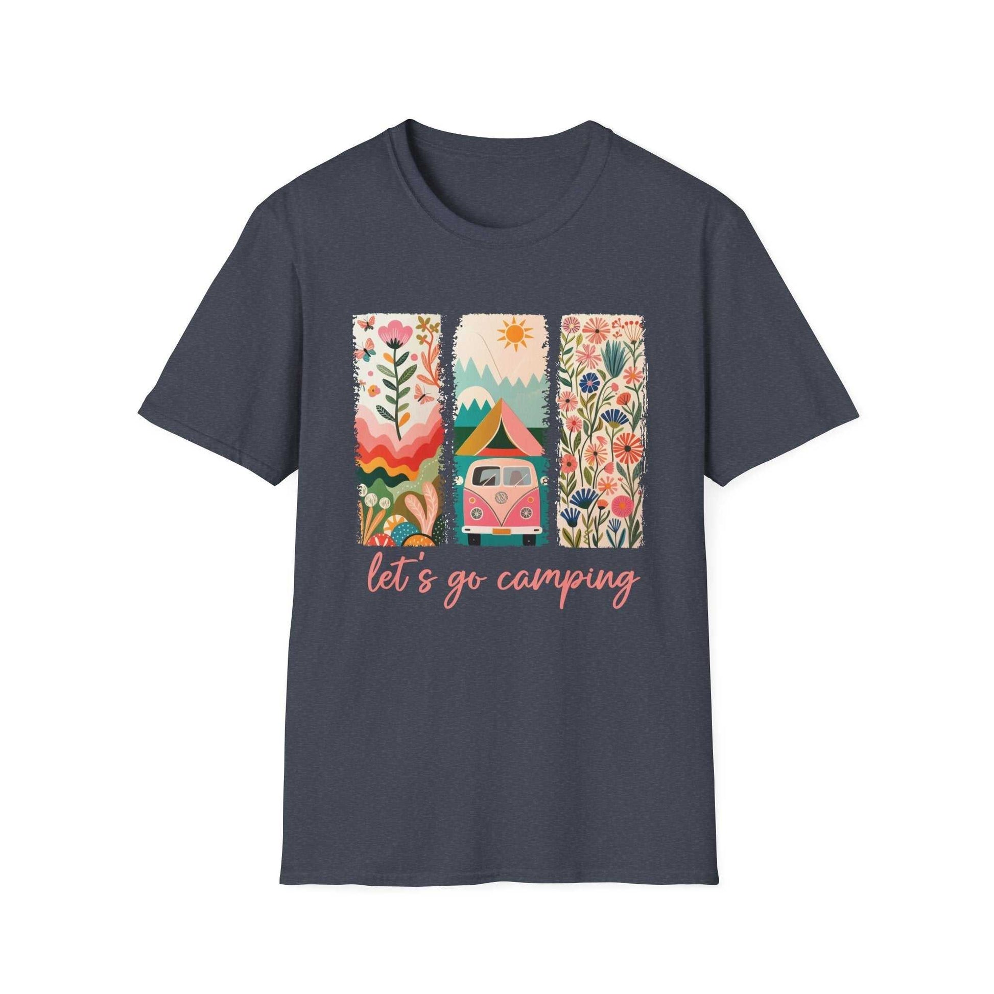 Unisex navy softstyle t-shirt with colorful camping adventure design and "let's go camping" text.