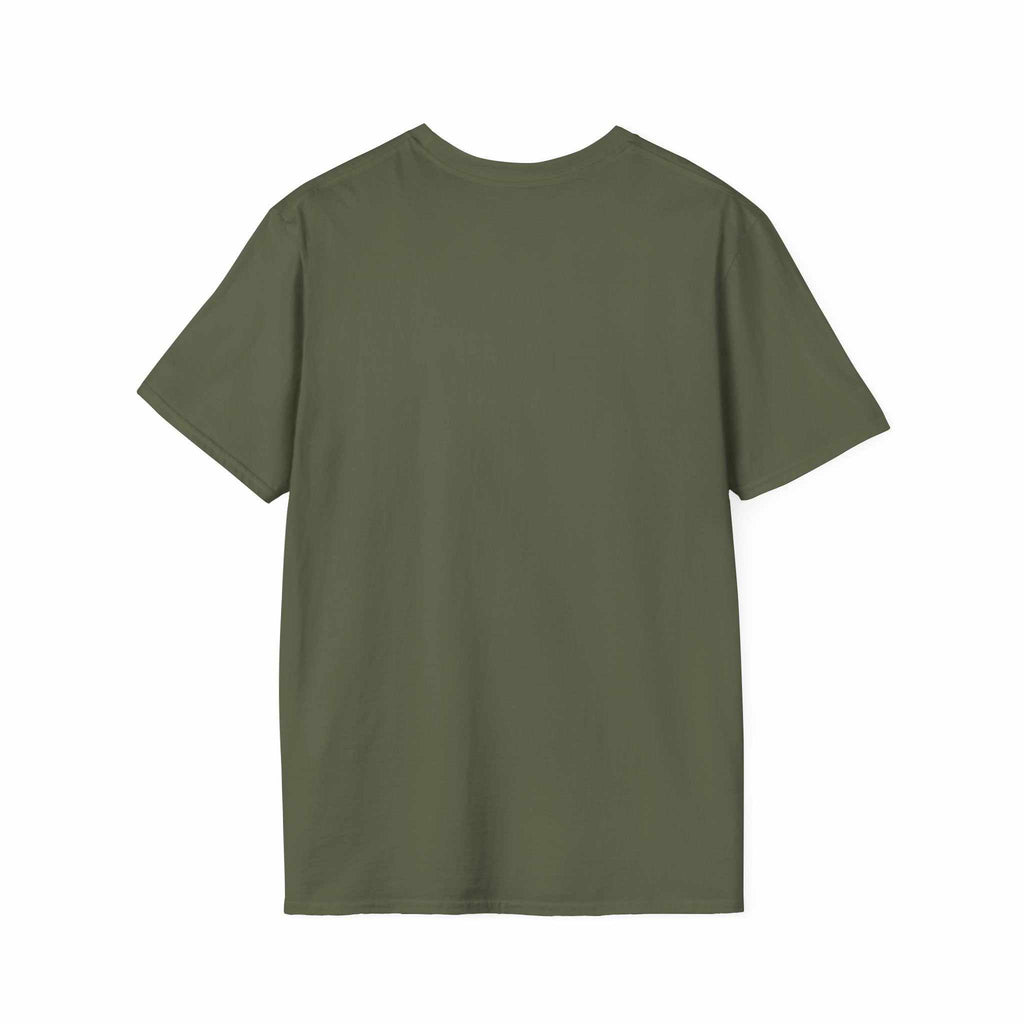 Back view of olive green Camping Adventure Unisex T-Shirt made from soft, lightweight cotton with a classic fit and crew neckline.