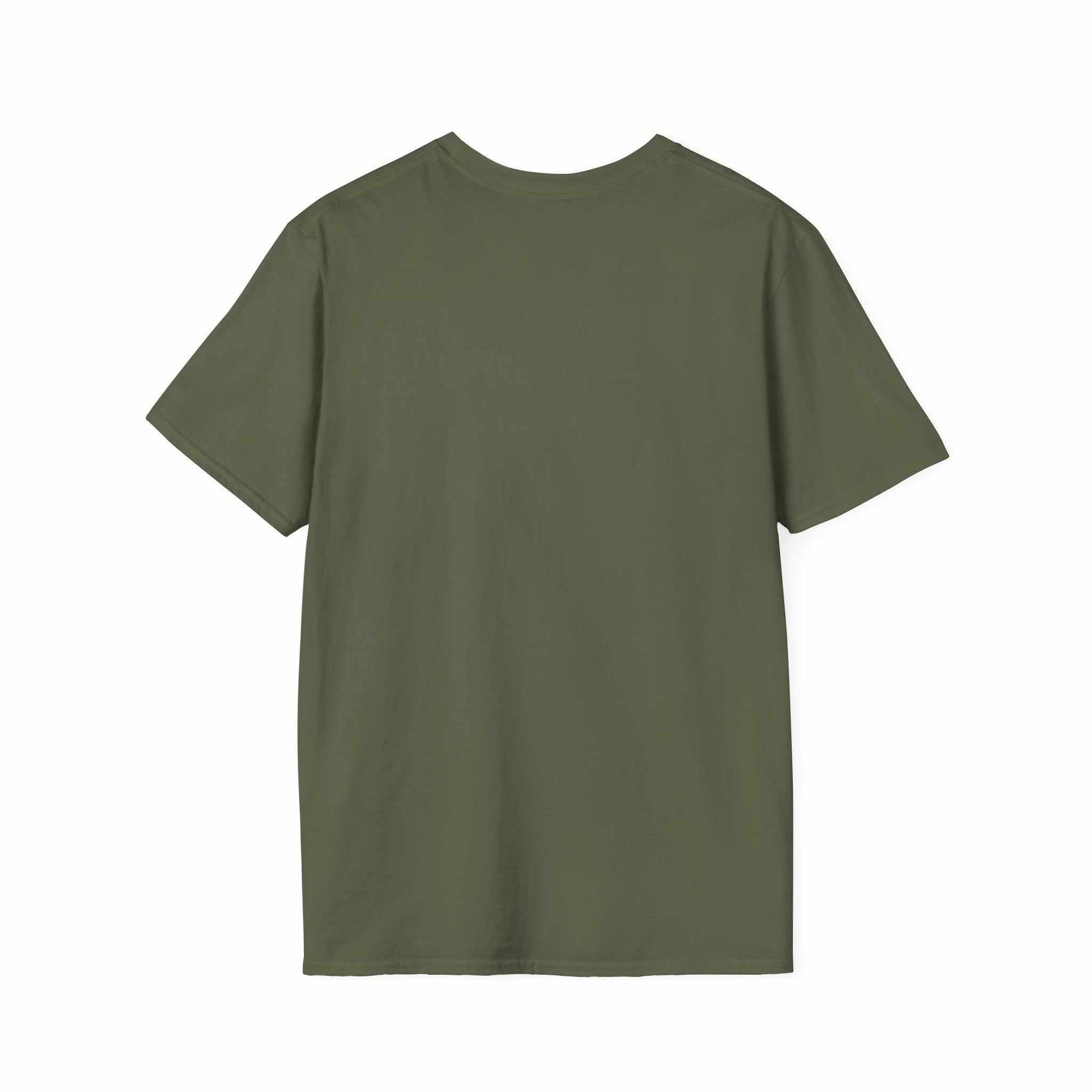 Back view of olive green Camping Adventure Unisex T-Shirt made from soft, lightweight cotton with a classic fit and crew neckline.