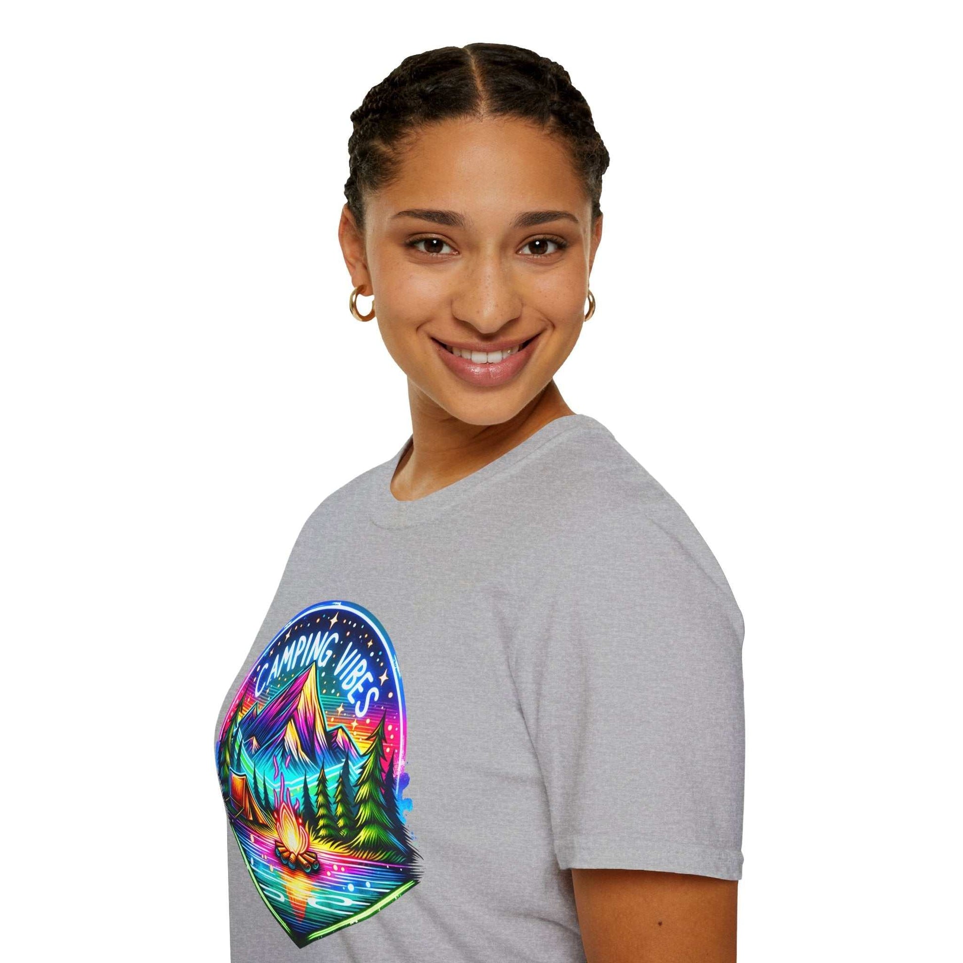 Woman wearing gray Camping Vibes Unisex Softstyle T-Shirt with colorful outdoors camping graphic