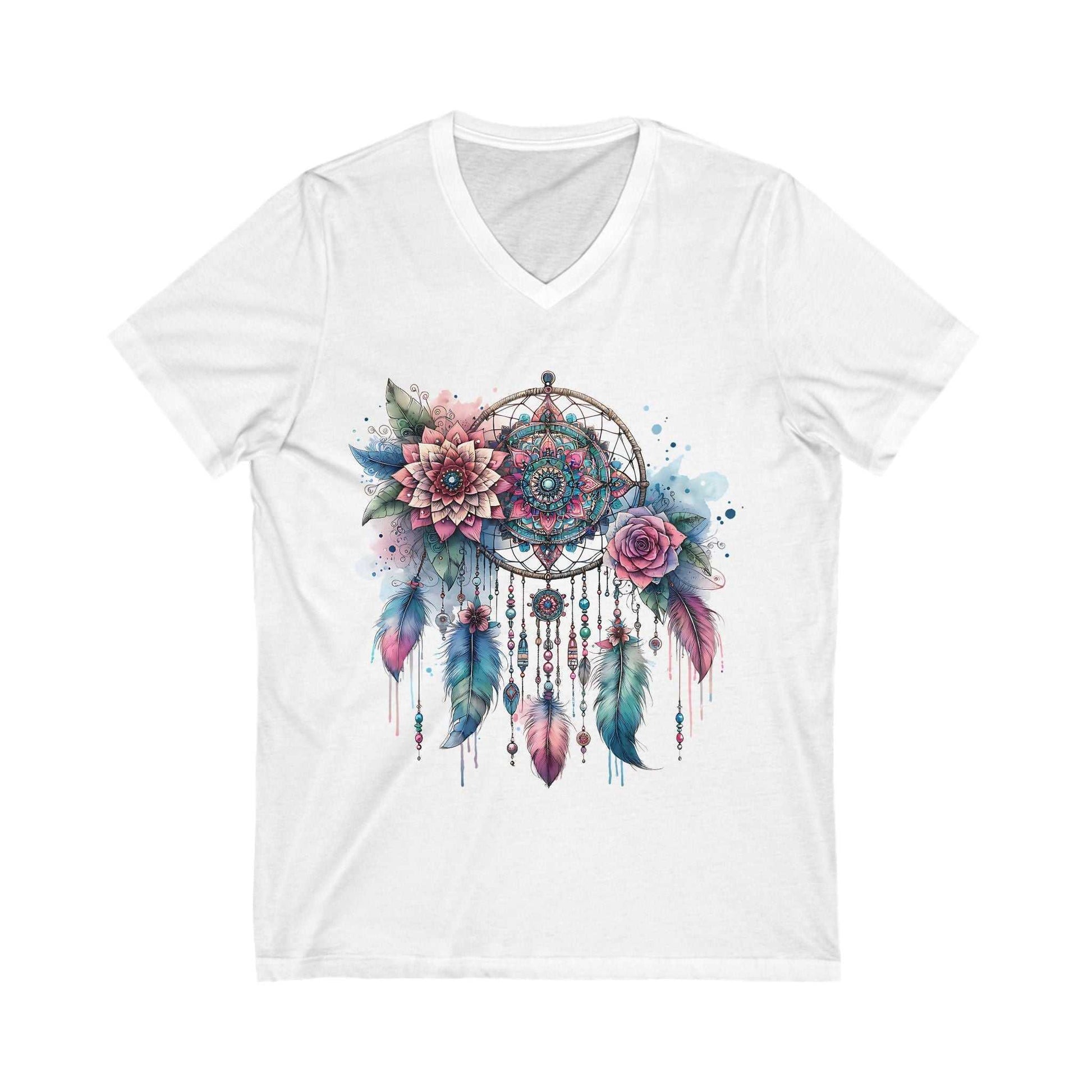 White V-neck tee with colorful dreamcatcher and floral design print