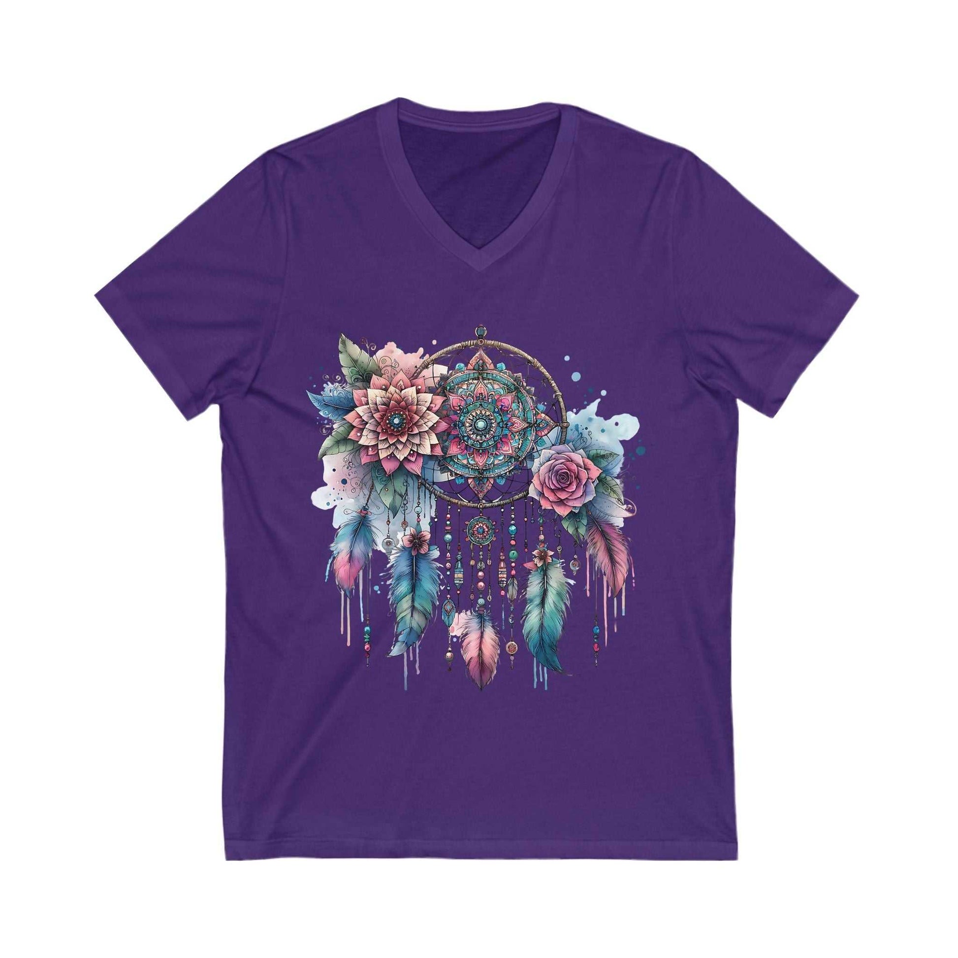 Purple Dream Catcher V-Neck Tee with floral and feather design, lightweight cotton short sleeve shirt