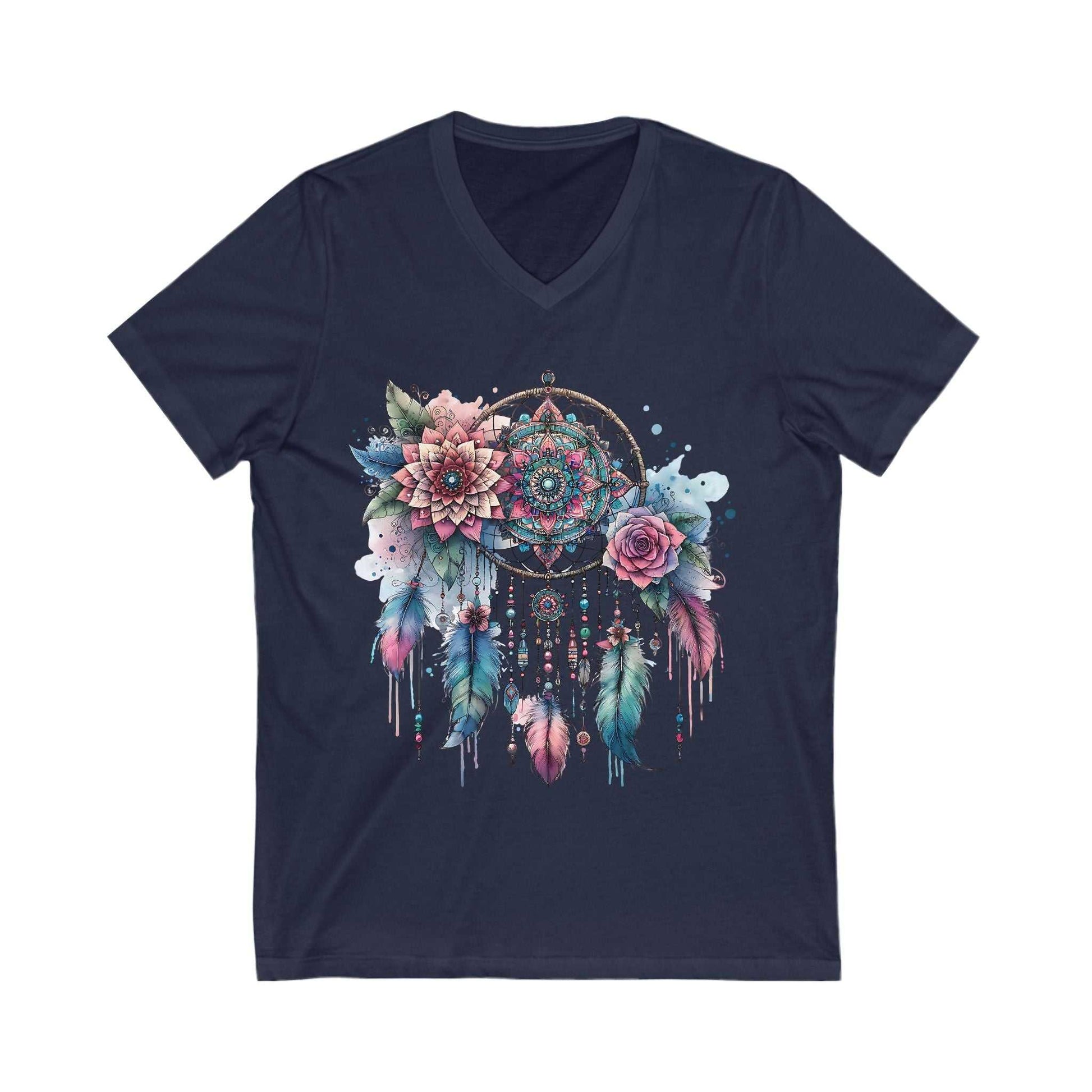 Navy unisex V-neck tee featuring a colorful dreamcatcher design with flowers and feathers