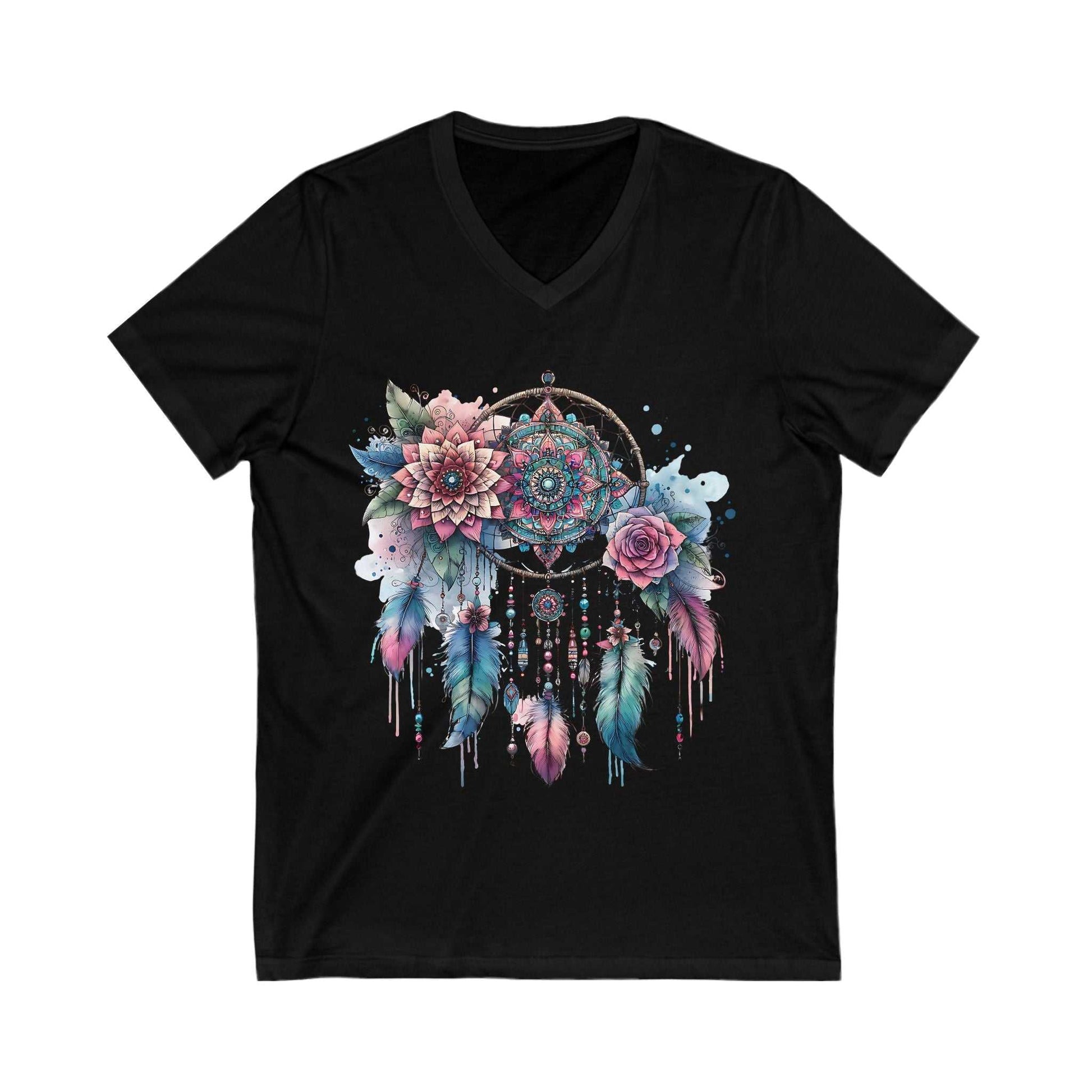 Black Dream Catcher V-Neck Tee with colorful floral and feather design on front