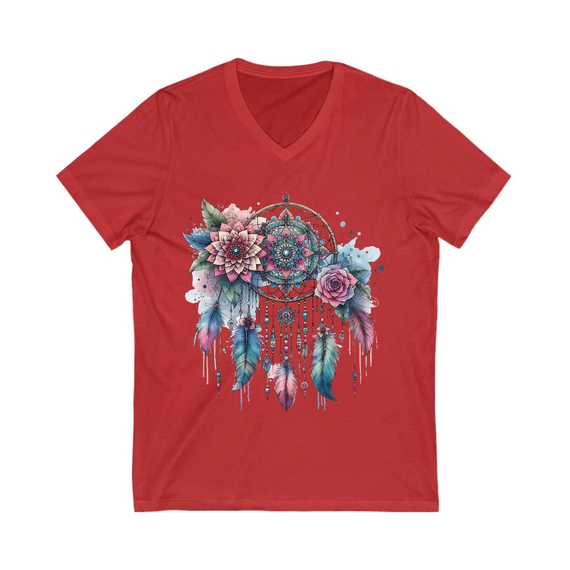 Red V-neck tee featuring a colorful dreamcatcher with flowers and feathers design