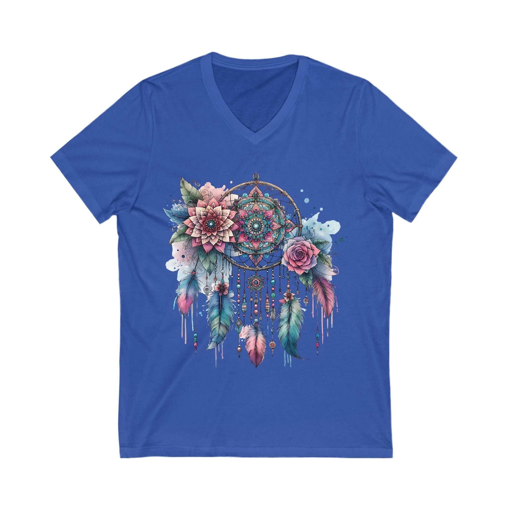 Blue Dream Catcher V-Neck Tee with floral and feather design on front, lightweight cotton fabric