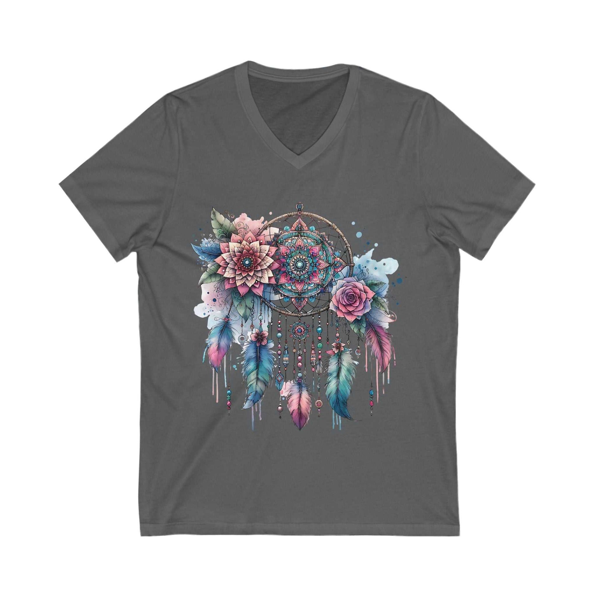 Dark gray V-neck tee featuring a colorful dream catcher design with flowers and feathers