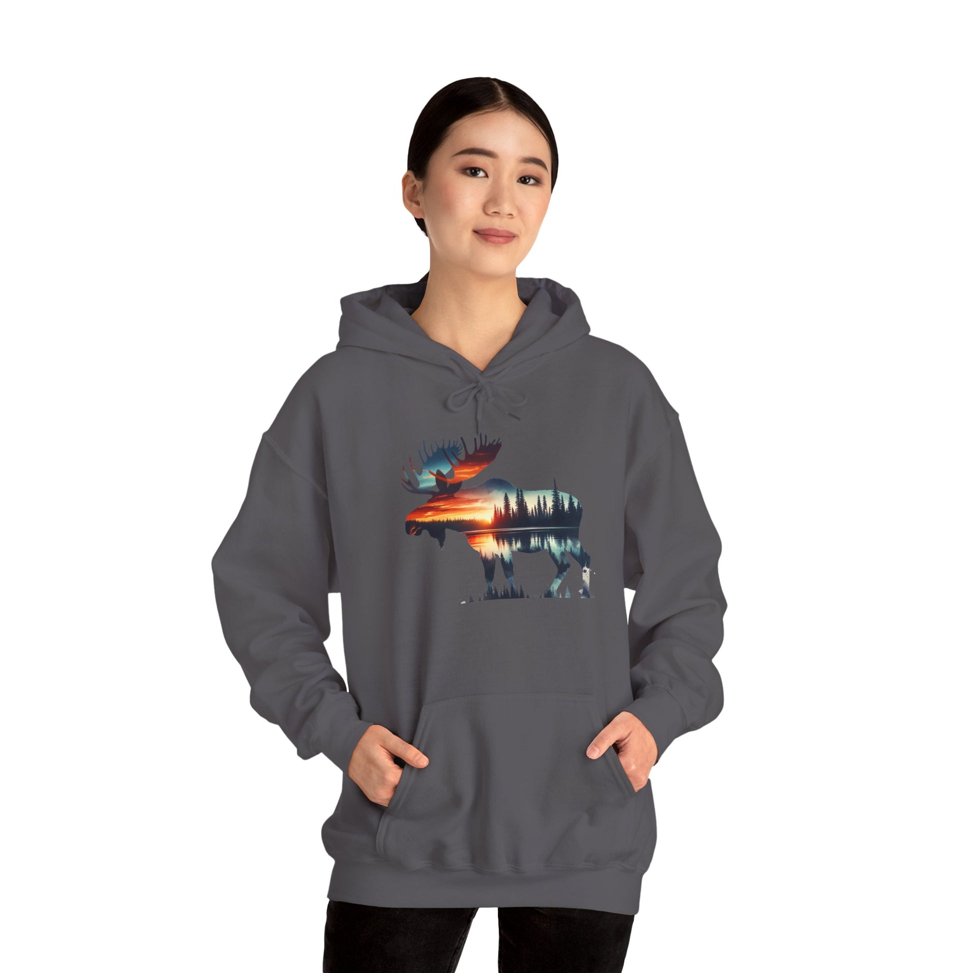 Sunset Wilderness Moose Hoodie – Nature’s Silhouette Adventure Wear