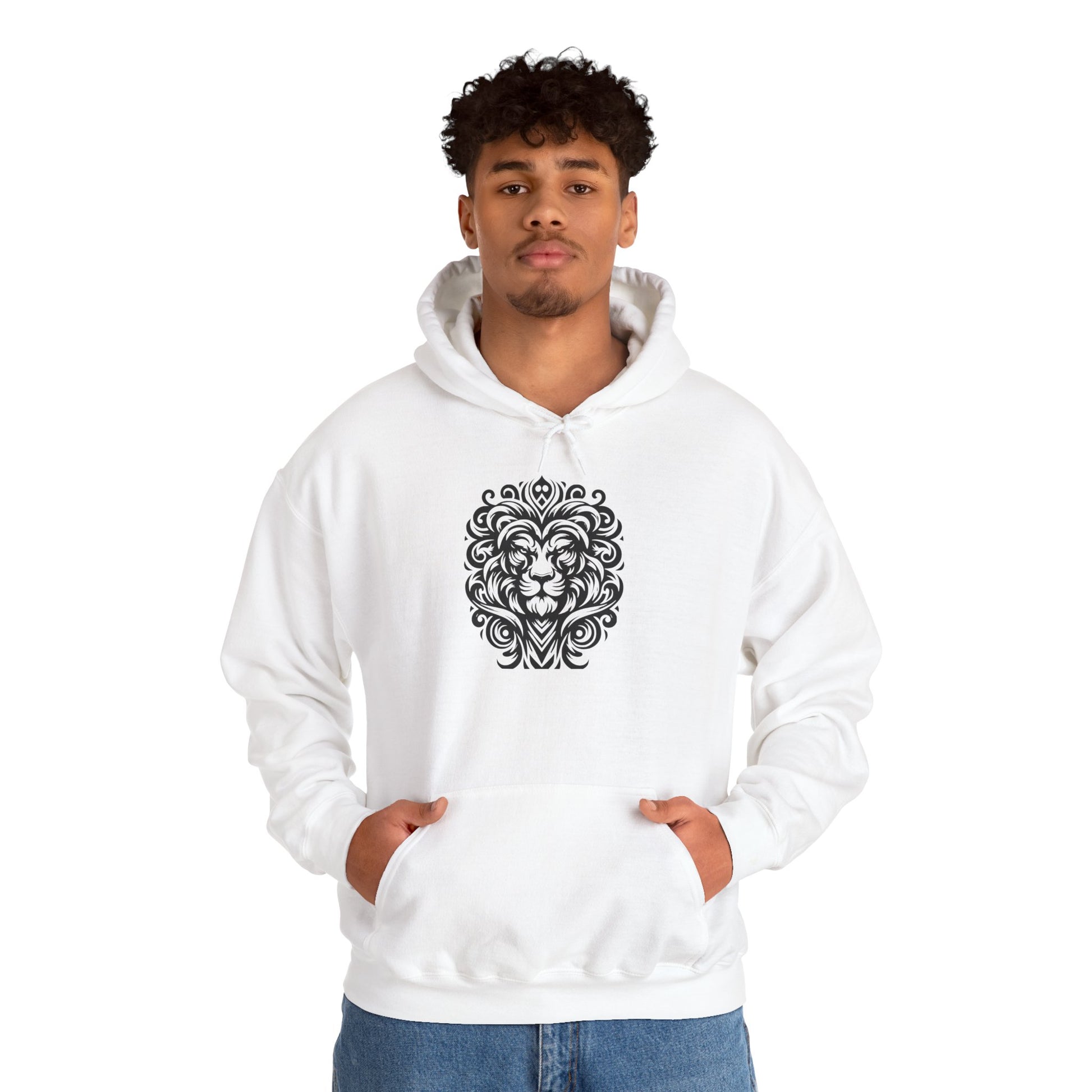 Majestic Tribal Lion Hoodie – Bold Strength in Black Ink Art