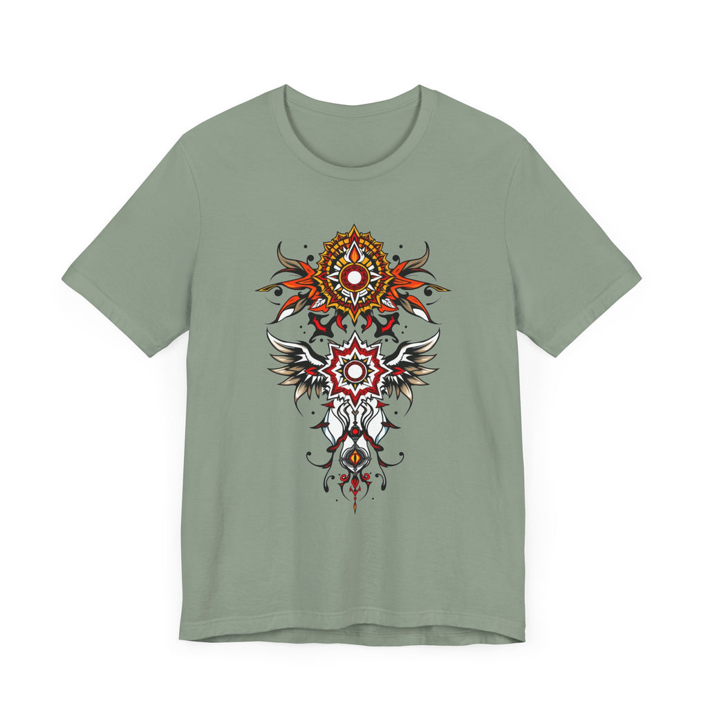 Turn heads in this tee, available in vibrant colors, showcasing a fiery red and gold tribal mandala for bold, artistic style