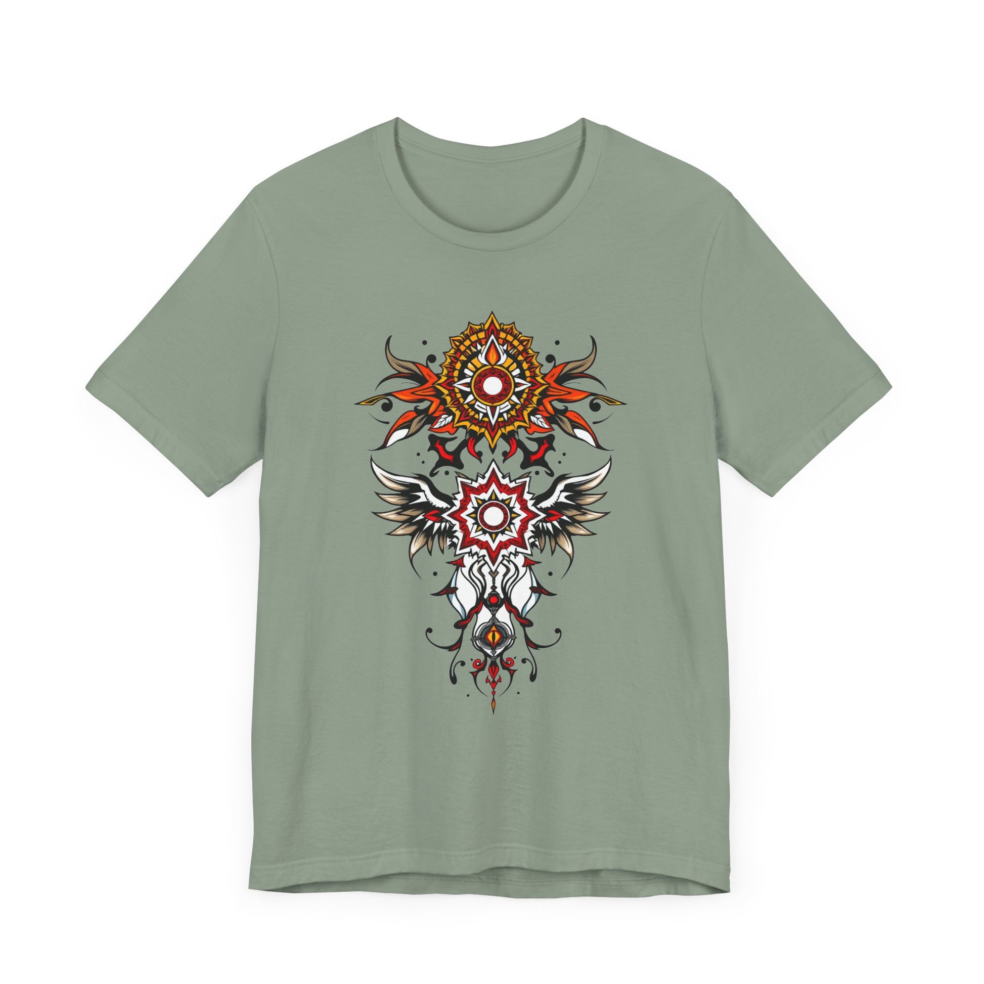 Turn heads in this tee, available in vibrant colors, showcasing a fiery red and gold tribal mandala for bold, artistic style