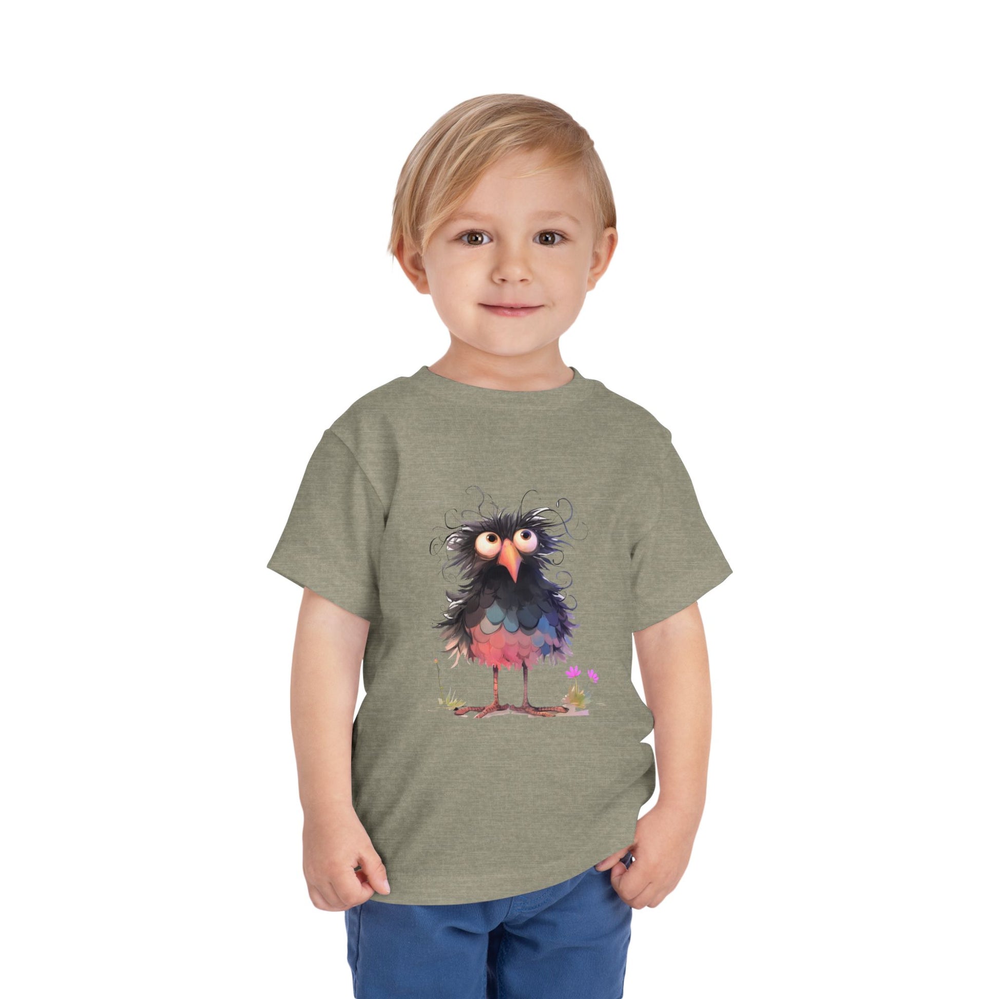 Whimsical Toddler Short Sleeve Tee with Adorable Cartoon Bird