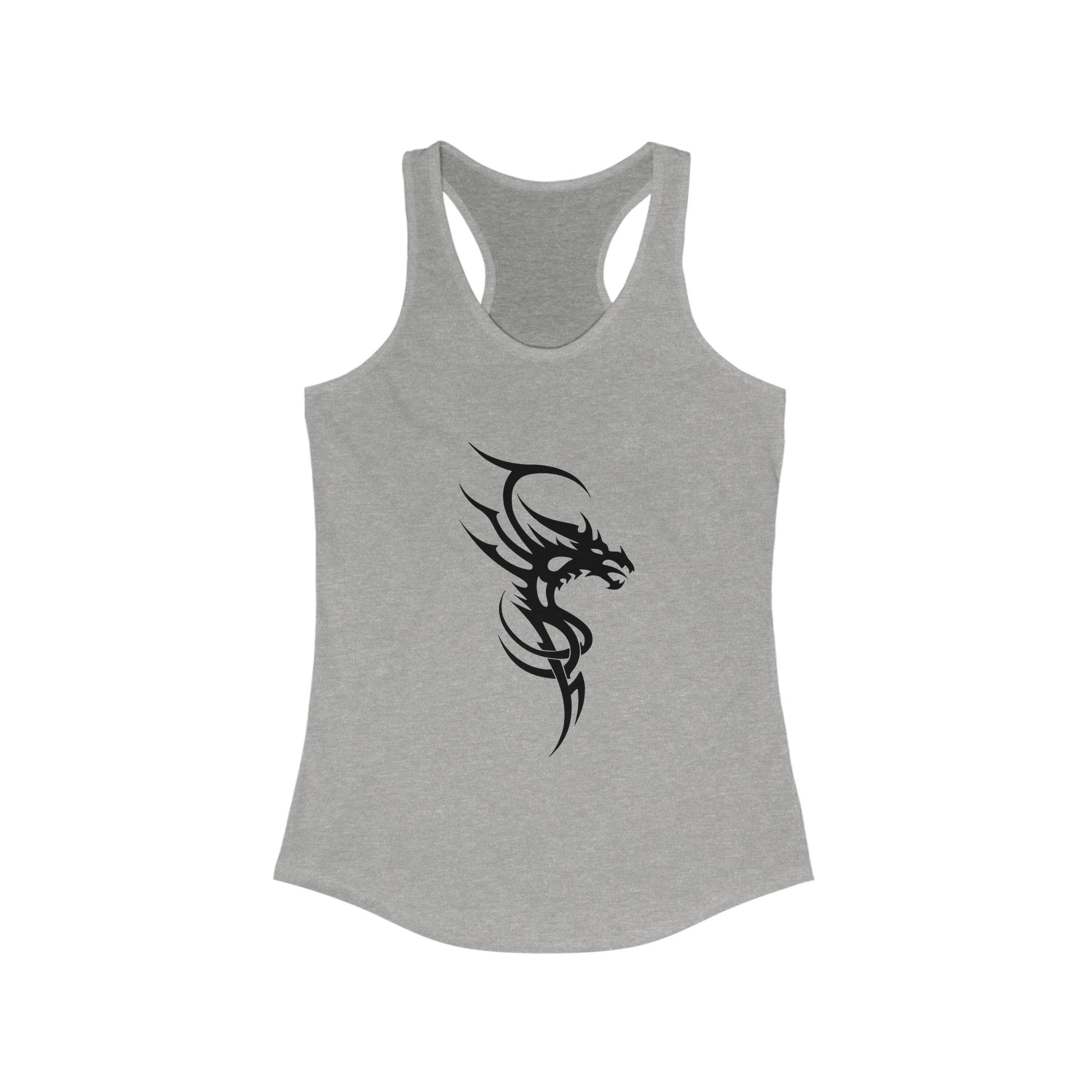 Racerback tank with a fierce black tribal dragon for bold, edgy style