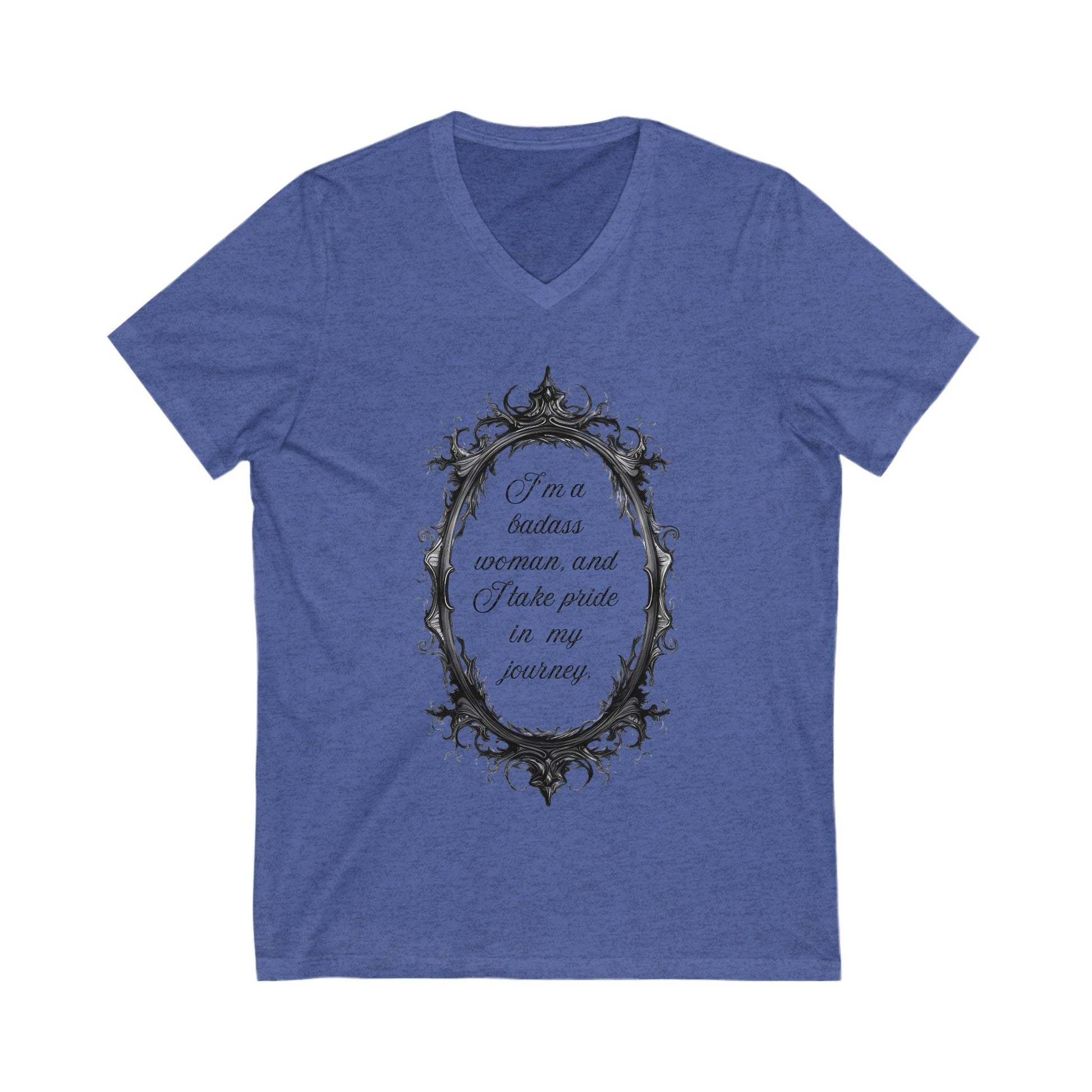 Blue Empowering V-Neck Tee for women with decorative frame and motivational text design