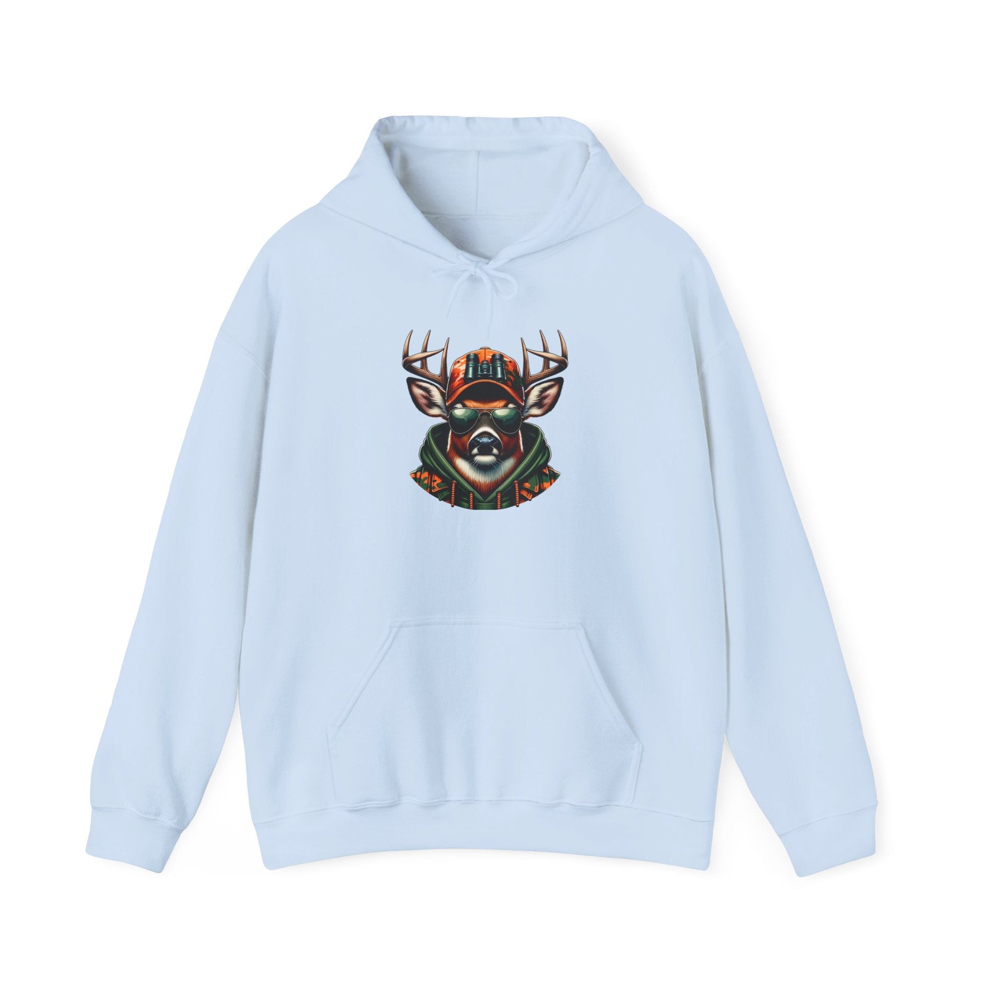 Light blue hooded sweatshirt with bold deer graphic and kangaroo pocket.