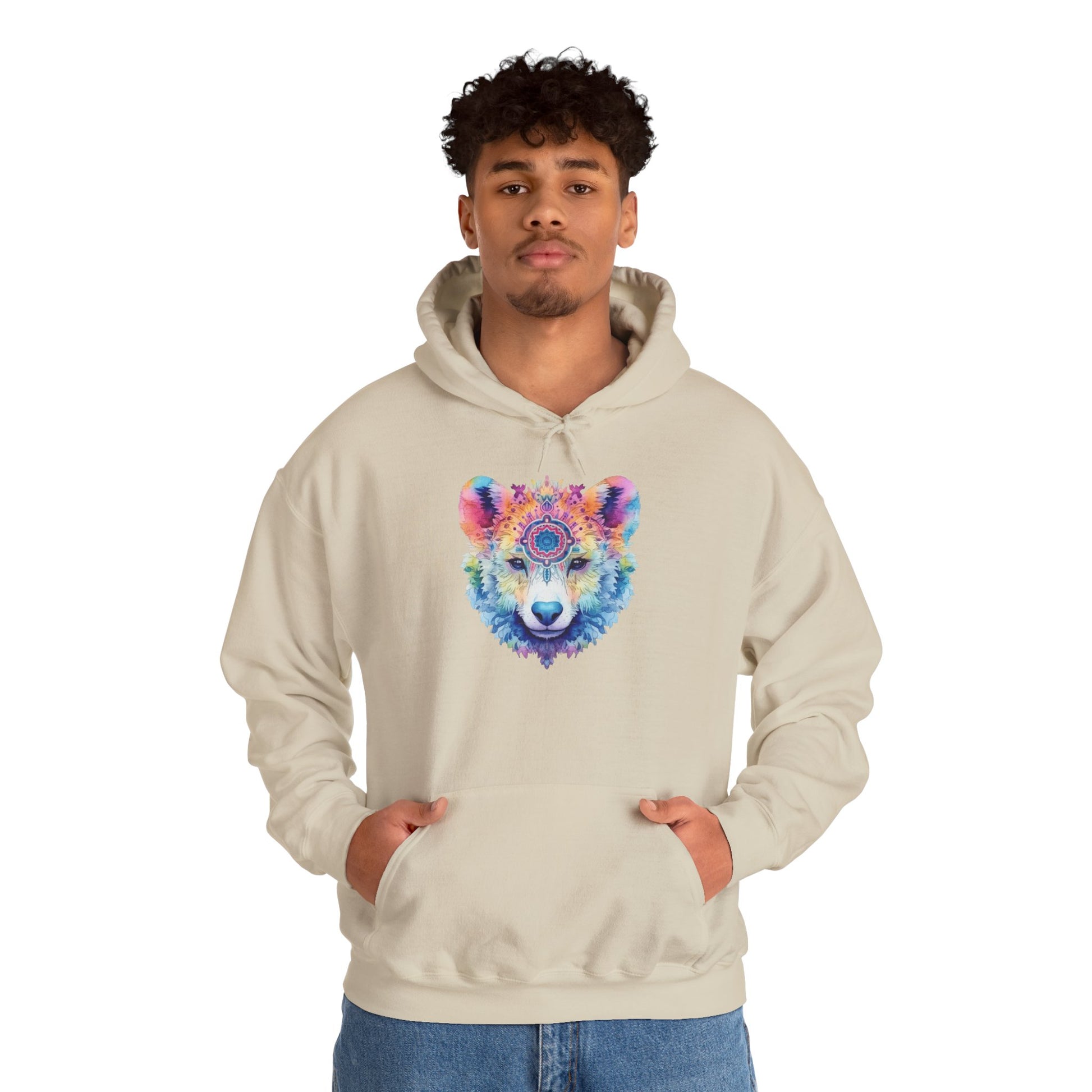 Mandala Bear Hoodie – Vibrant Watercolor Animal Art Sweatshirt for Bold, Free-Spirited Souls