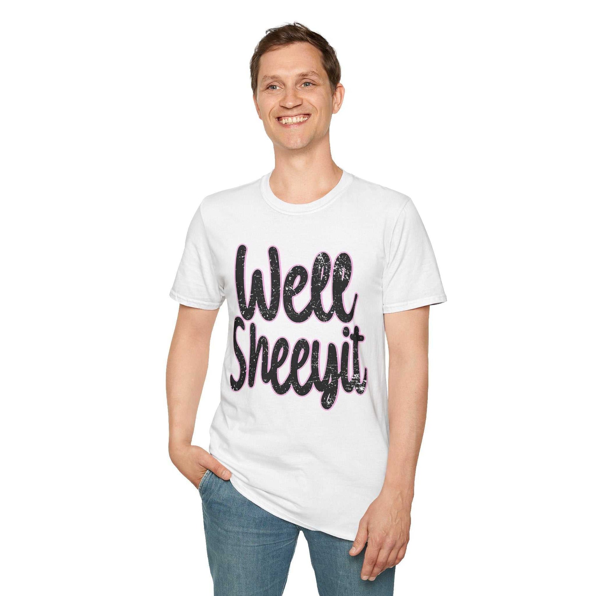 Man wearing white casual statement tee with "Well Sheeyit" funny quote text on front