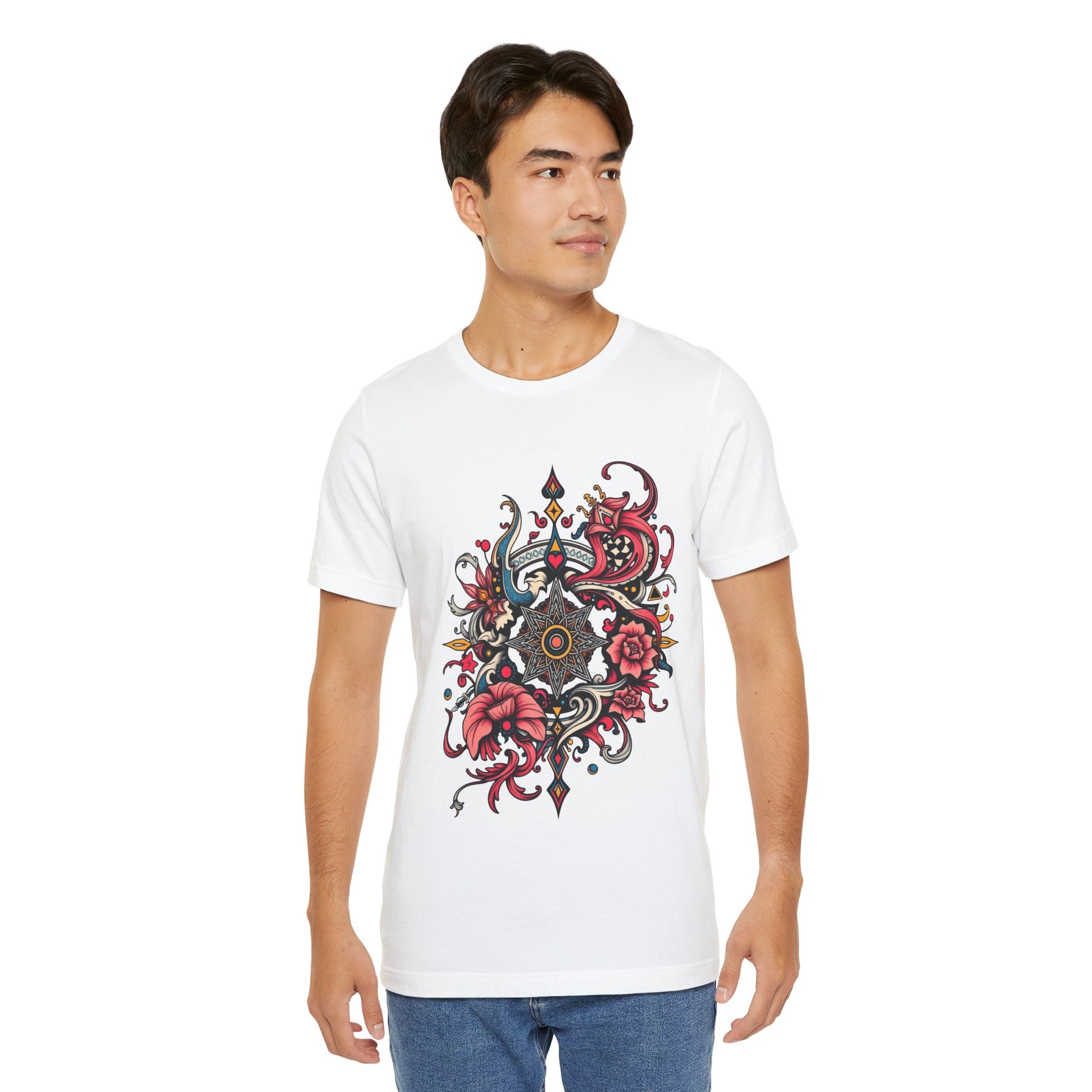 Vibrant tee with ornate red floral mandala design, offered in multiple bold color options