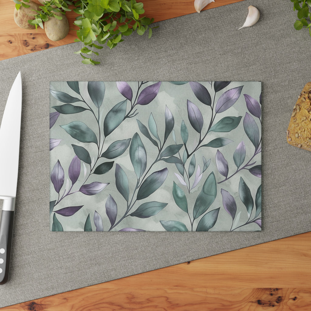 Sage Green Botanical Glass Cutting Board with Purple Leaf Pattern