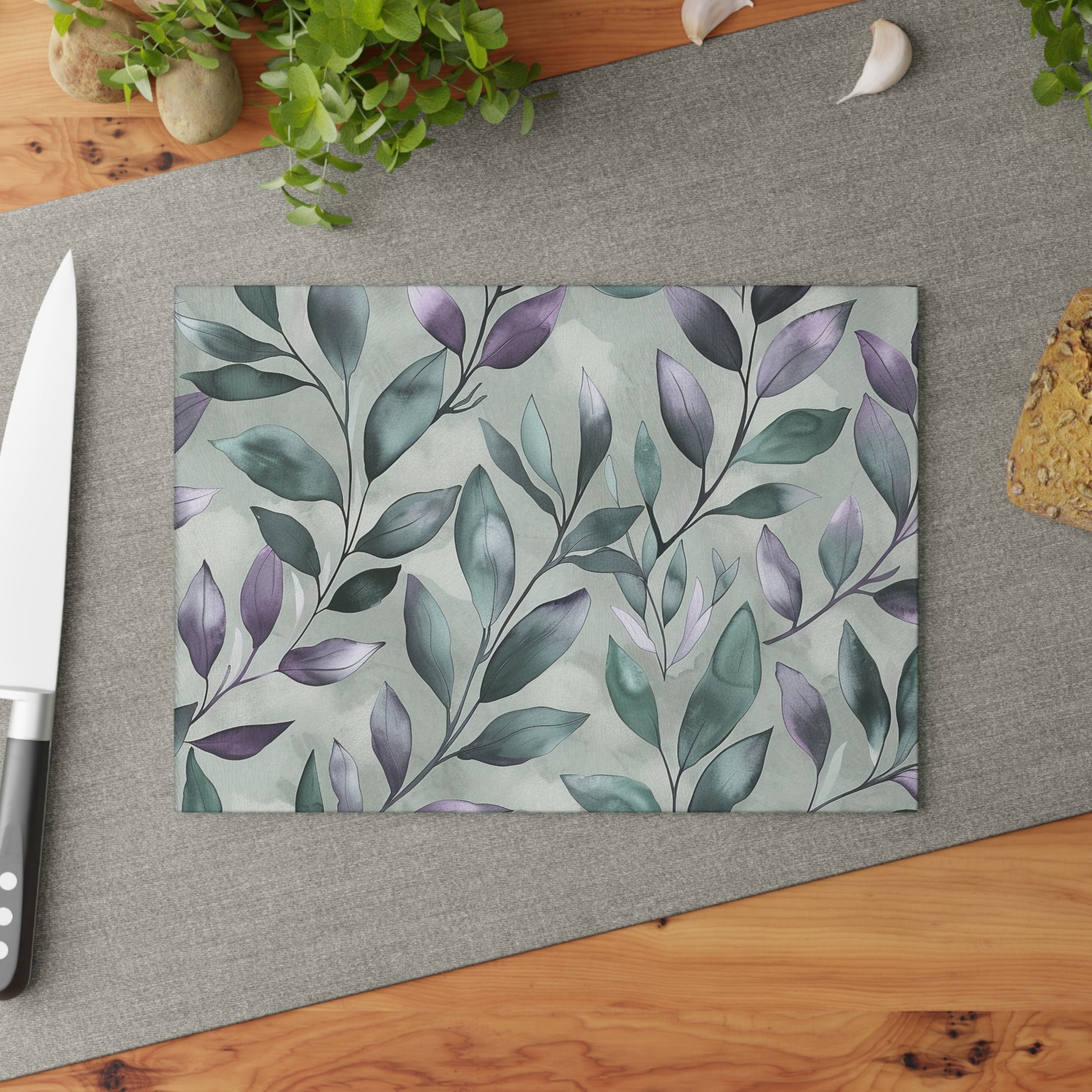 Sage Green Botanical Glass Cutting Board with Purple Leaf Pattern