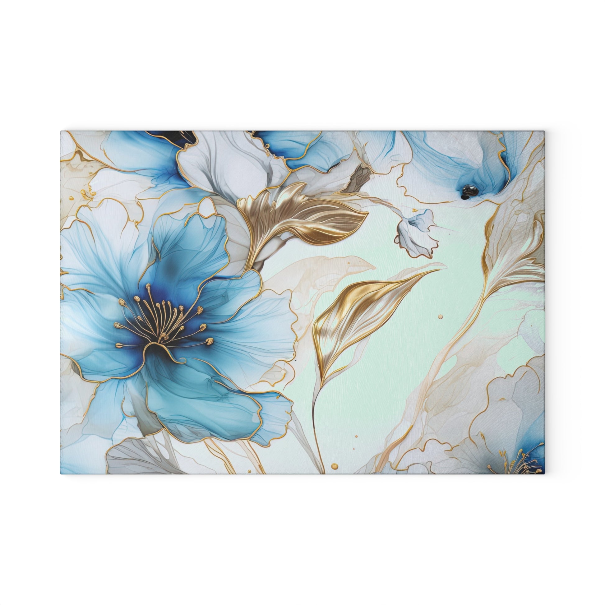 Elegant Aqua Floral Glass Cutting Board with Gold Accents