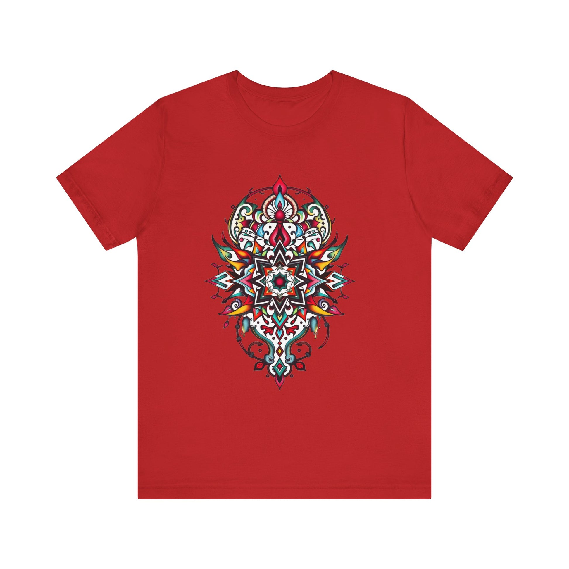 Bold tee featuring a vibrant, intricate mandala design, offered in multiple color options