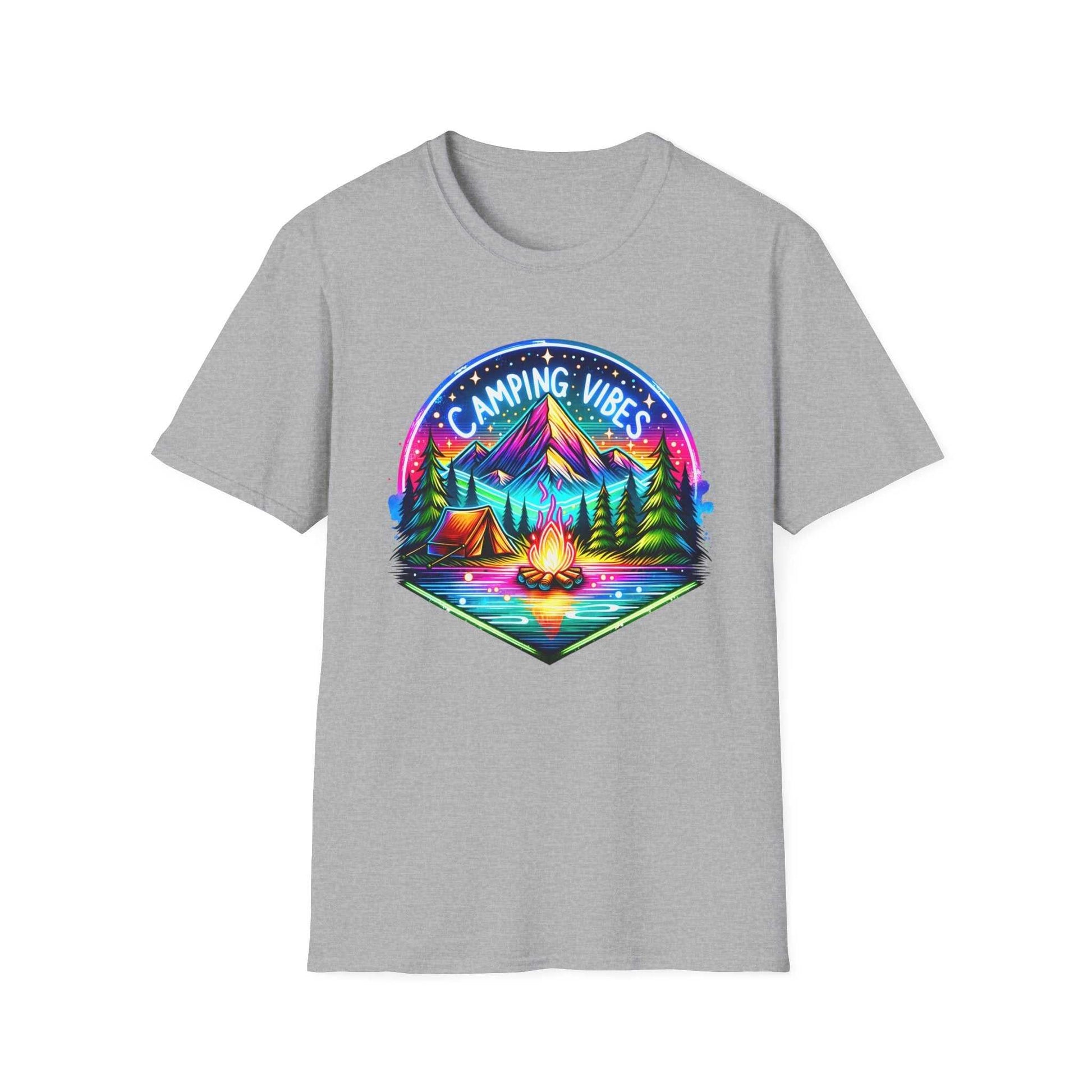 Camping Vibes unisex softstyle t-shirt with colorful mountain, tent, and campfire design on gray fabric