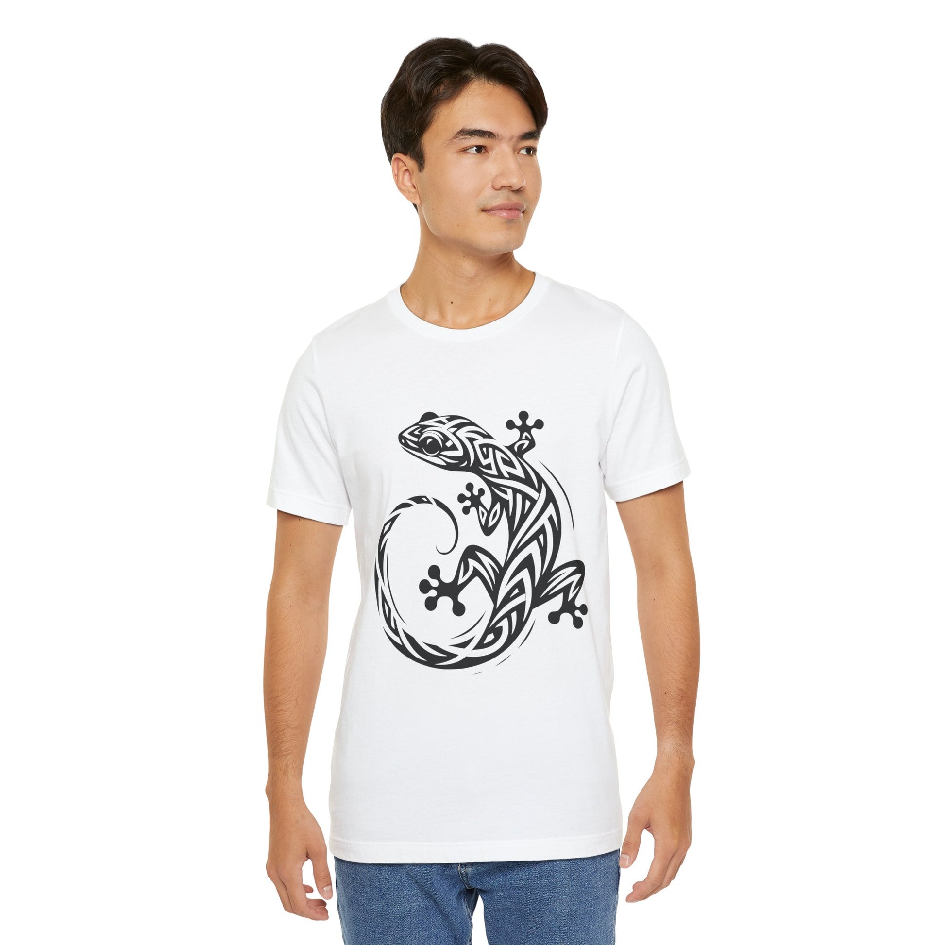 Tribal Gecko Tee – Bold Lizard Tattoo Art on Crisp White T-Shirt