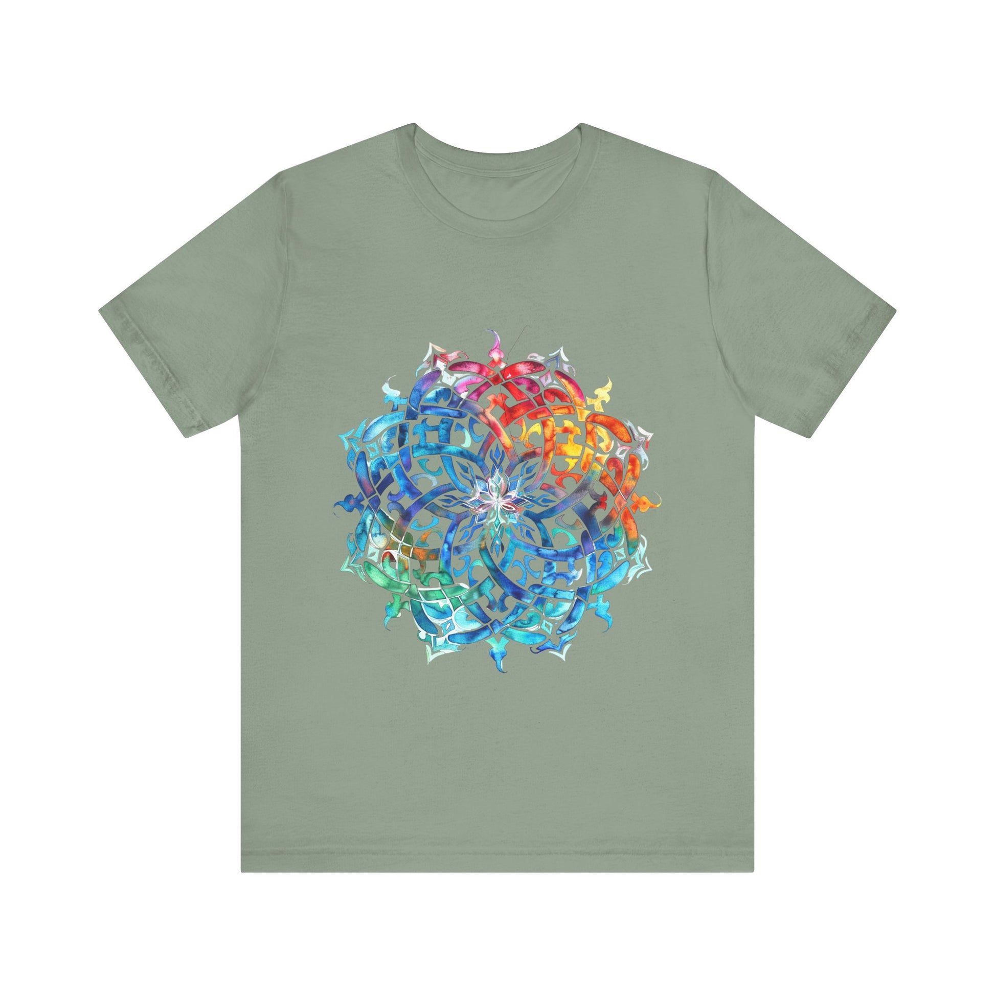 Artistic tee with a radiant rainbow mandala design, available in vibrant color options