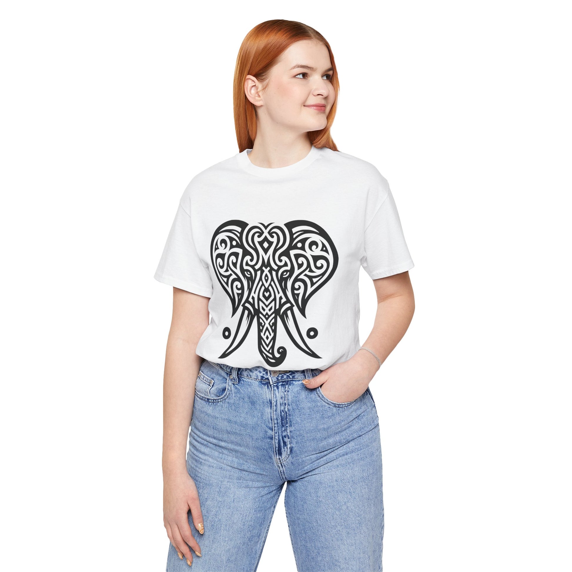Tribal Elephant T-Shirt – Bold Black Tattoo Art on White Tee