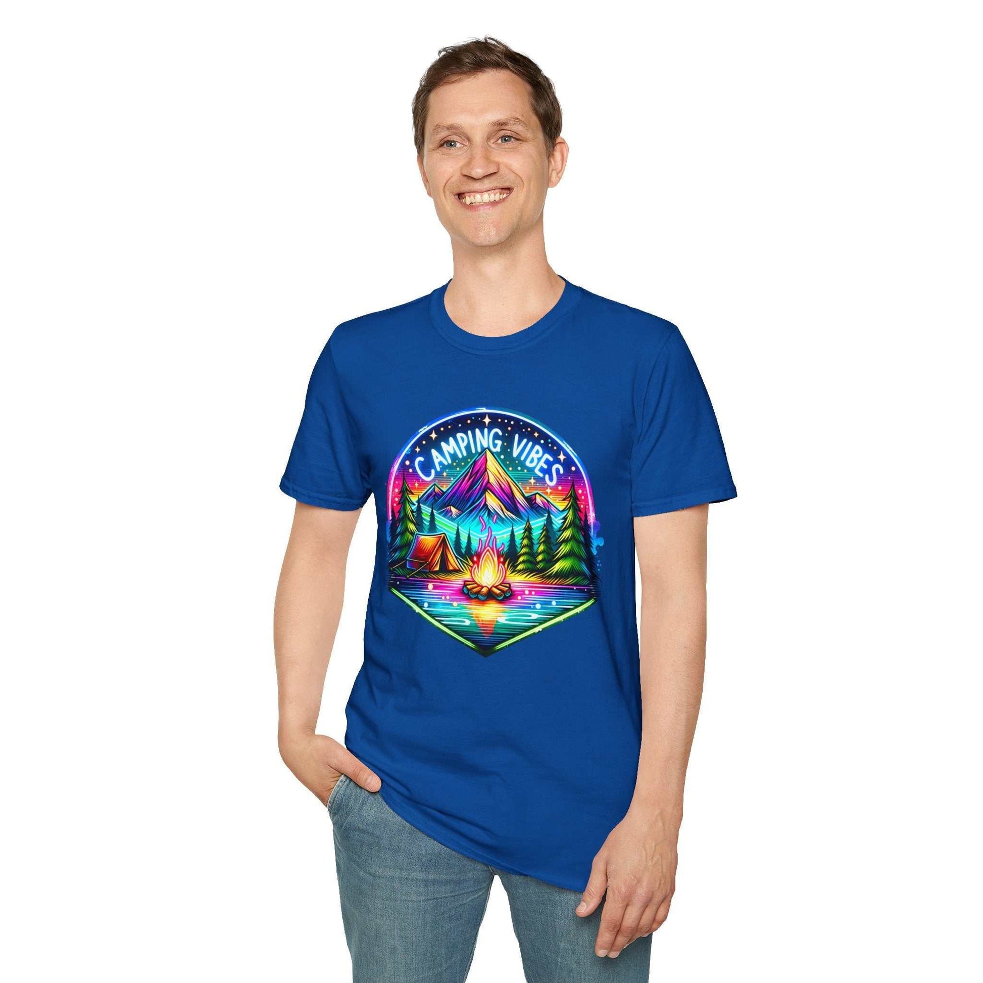 Man wearing blue Camping Vibes Unisex softstyle t-shirt with colorful camping design