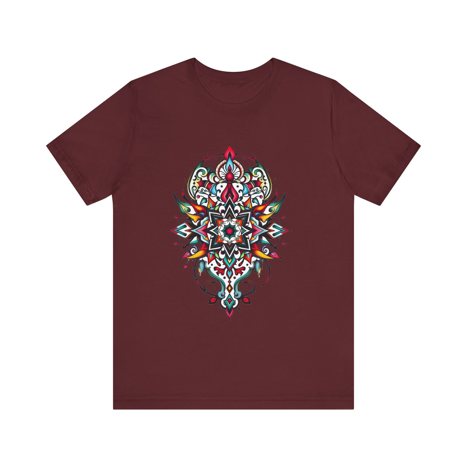 Bold tee featuring a vibrant, intricate mandala design, offered in multiple color options