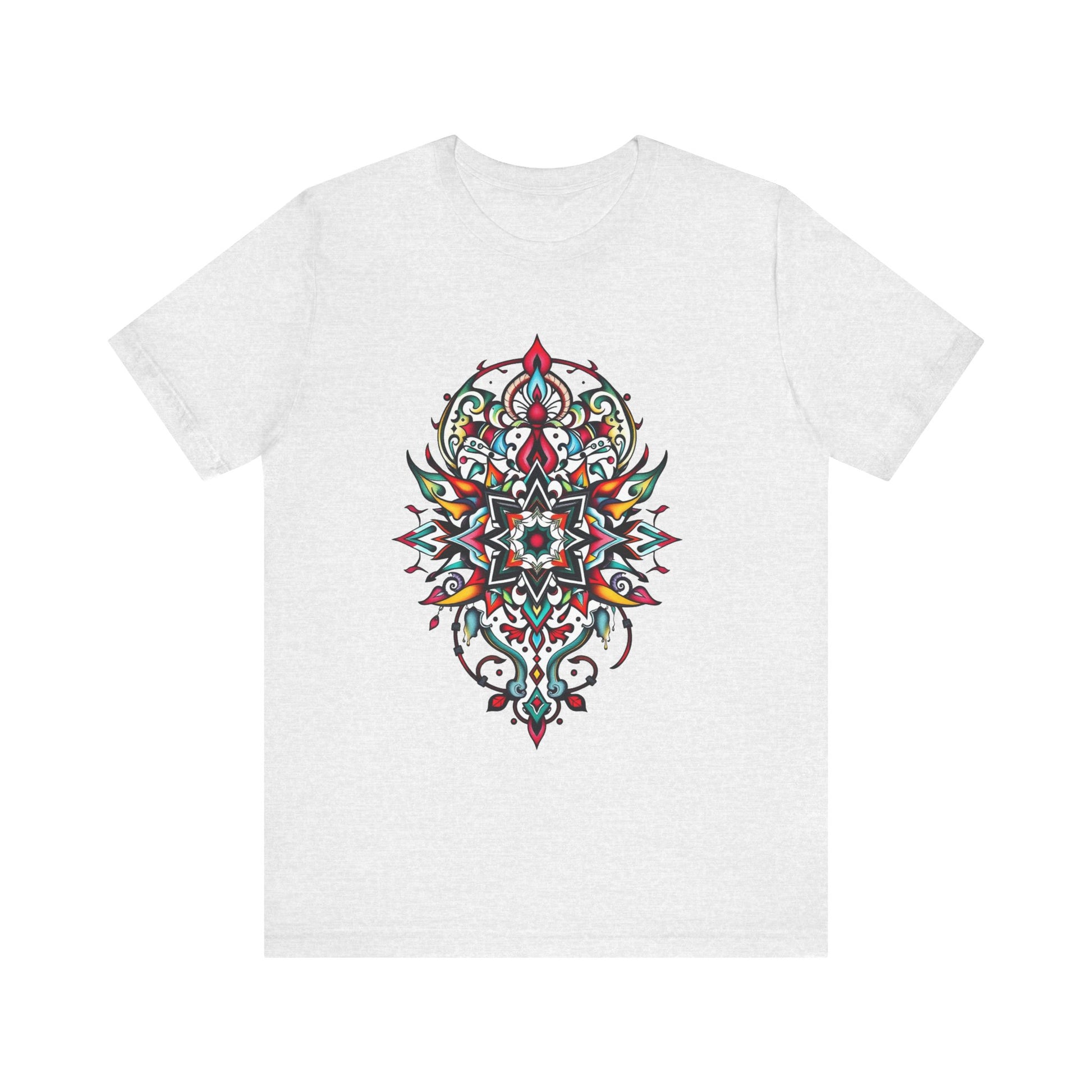 Bold tee featuring a vibrant, intricate mandala design, offered in multiple color options